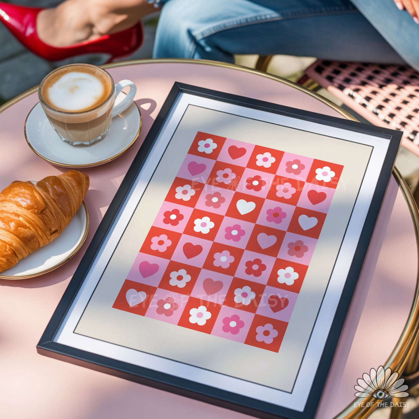 Funky eclectic digital poster in red and pink, hearts and flowers printable wall art, ideal for dorm or apartment spaces