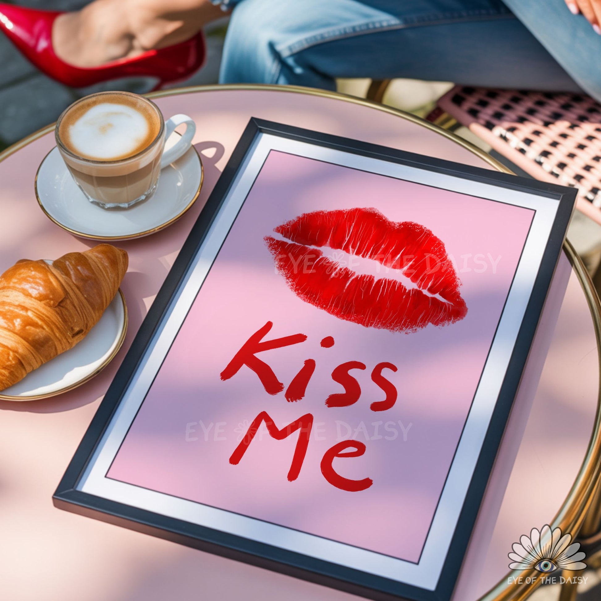 Red lips Kiss Me print digital download, funky retro and Y2K inspired hand drawn wall art