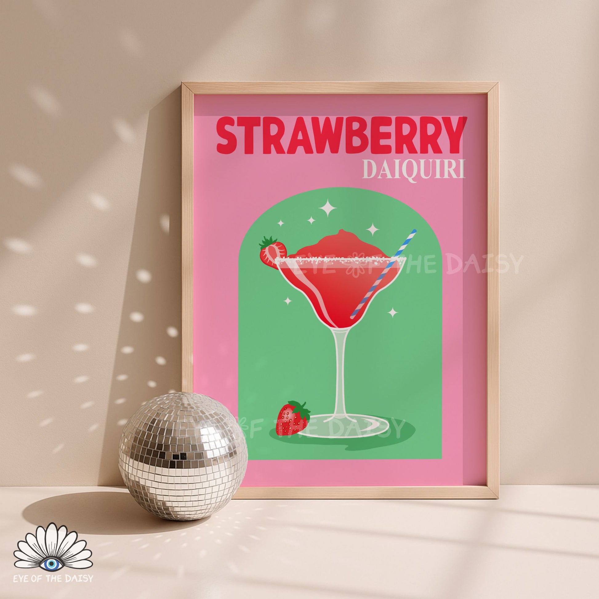 retro Strawberry Daiquiri cocktail poster vibrant pink drink printable wall art for modern kitchen decor