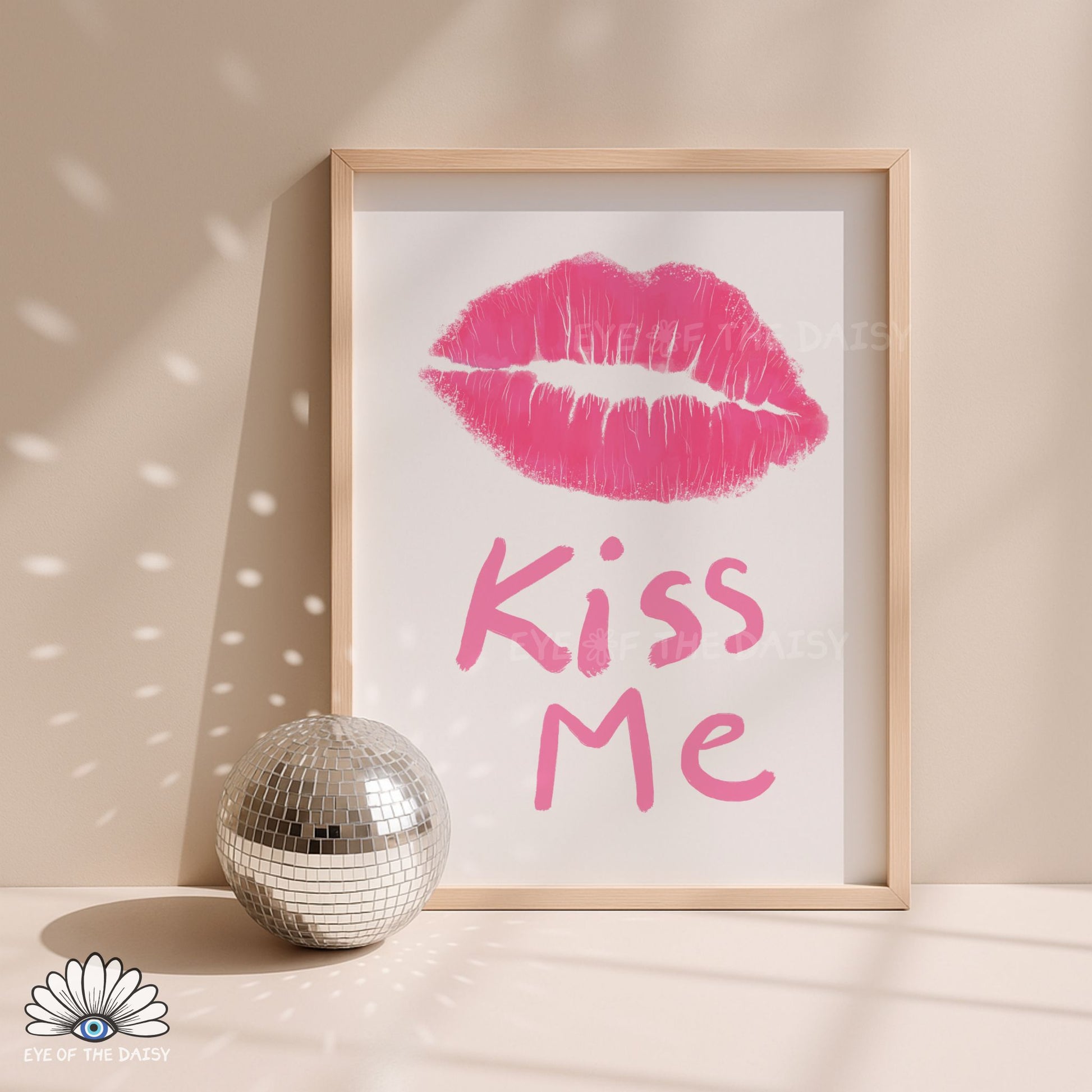 Hand drawn pink lipstick Kiss Me poster printable wall art, Y2K inspired and funky for dorms, bedrooms or living rooms