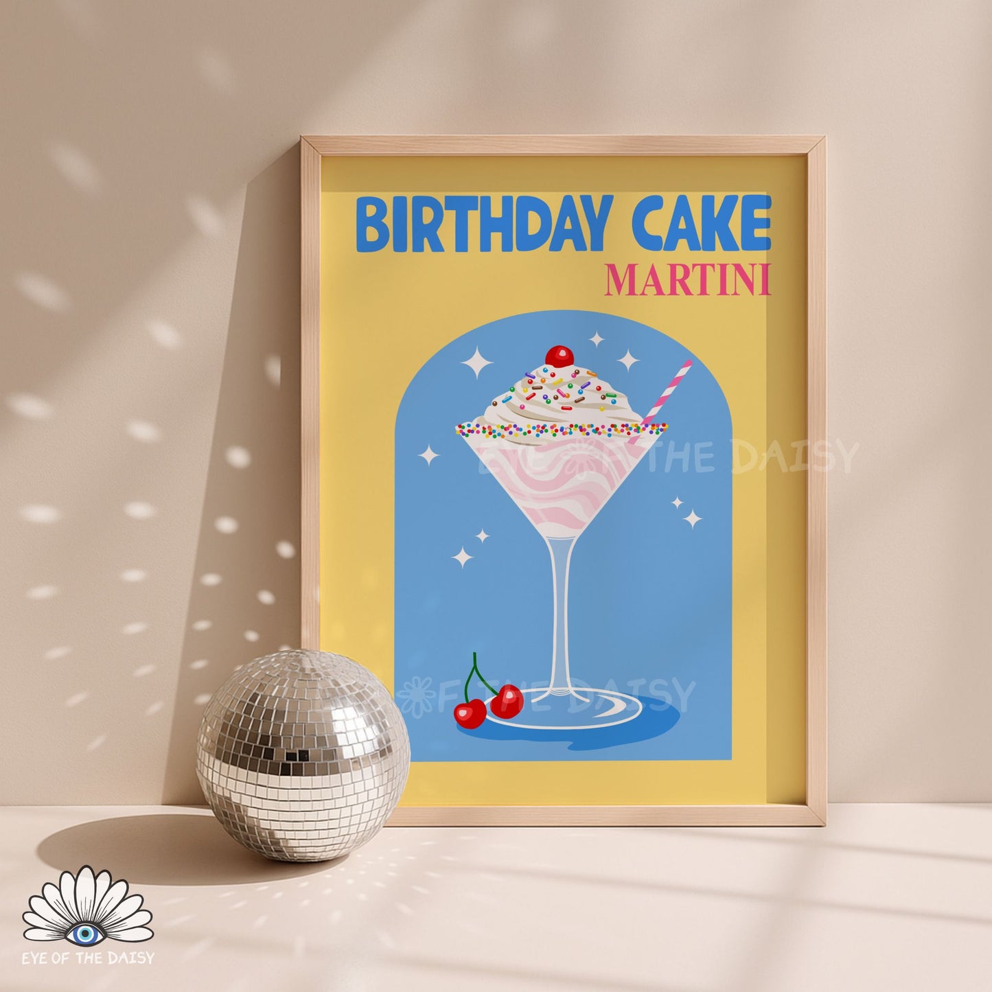 retro Birthday Cake Martini cocktail poster vibrant birthday drink printable wall art for modern kitchen decor