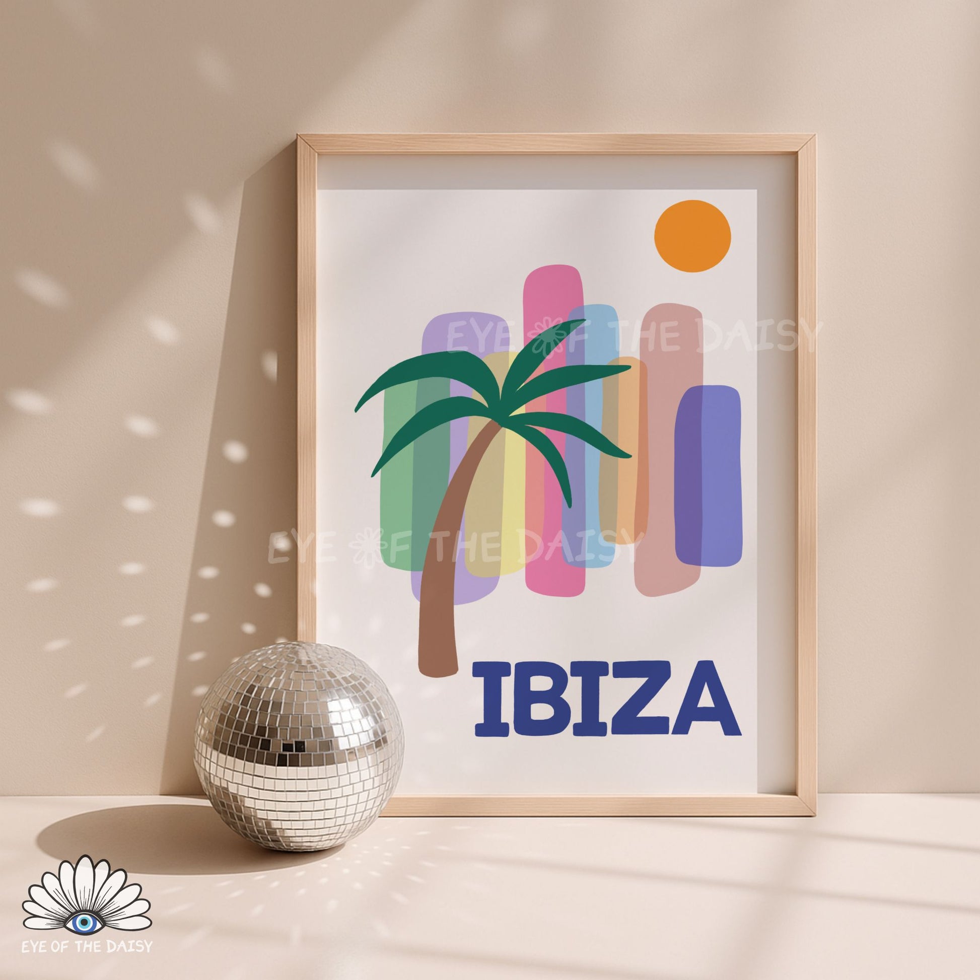 Bright Ibiza sun and palm poster, Ibiza travel printable gallery poster for dorm room decor