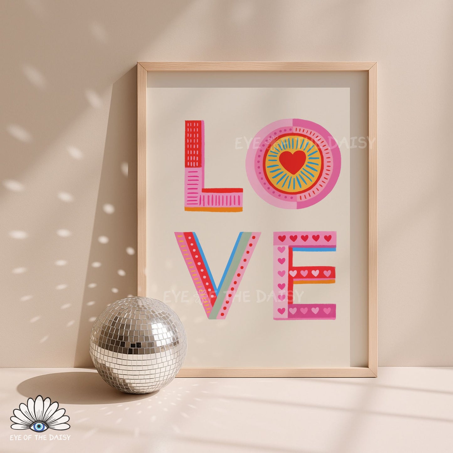 LOVE typography print digital download with retro and fun patterned lettering, bright and colorful wall art