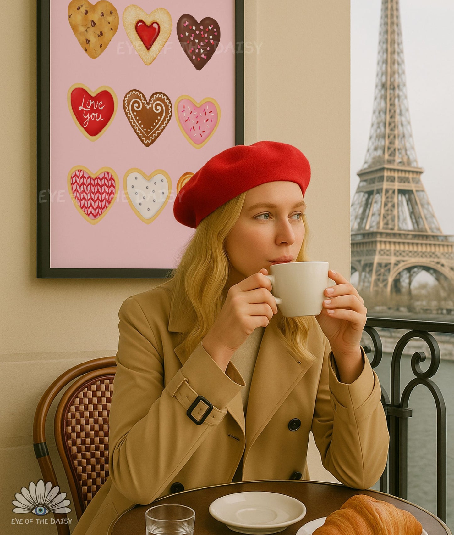 Cute Valentine’s Day kitchen printable wall art, chocolate chip and patterned cookies for romantic home decor