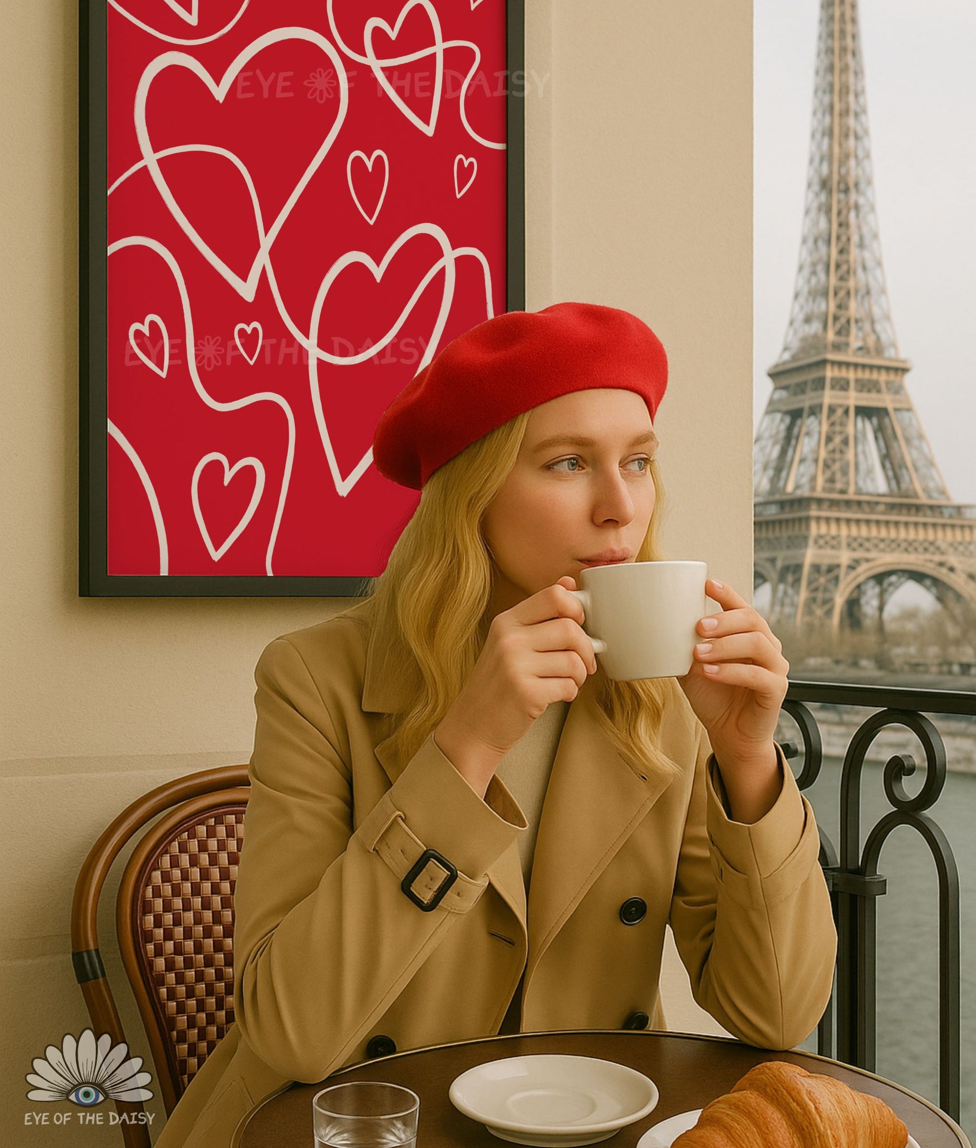 Red wavy lines and hearts print digital download, modern, minimal and playful printable wall art for apartments