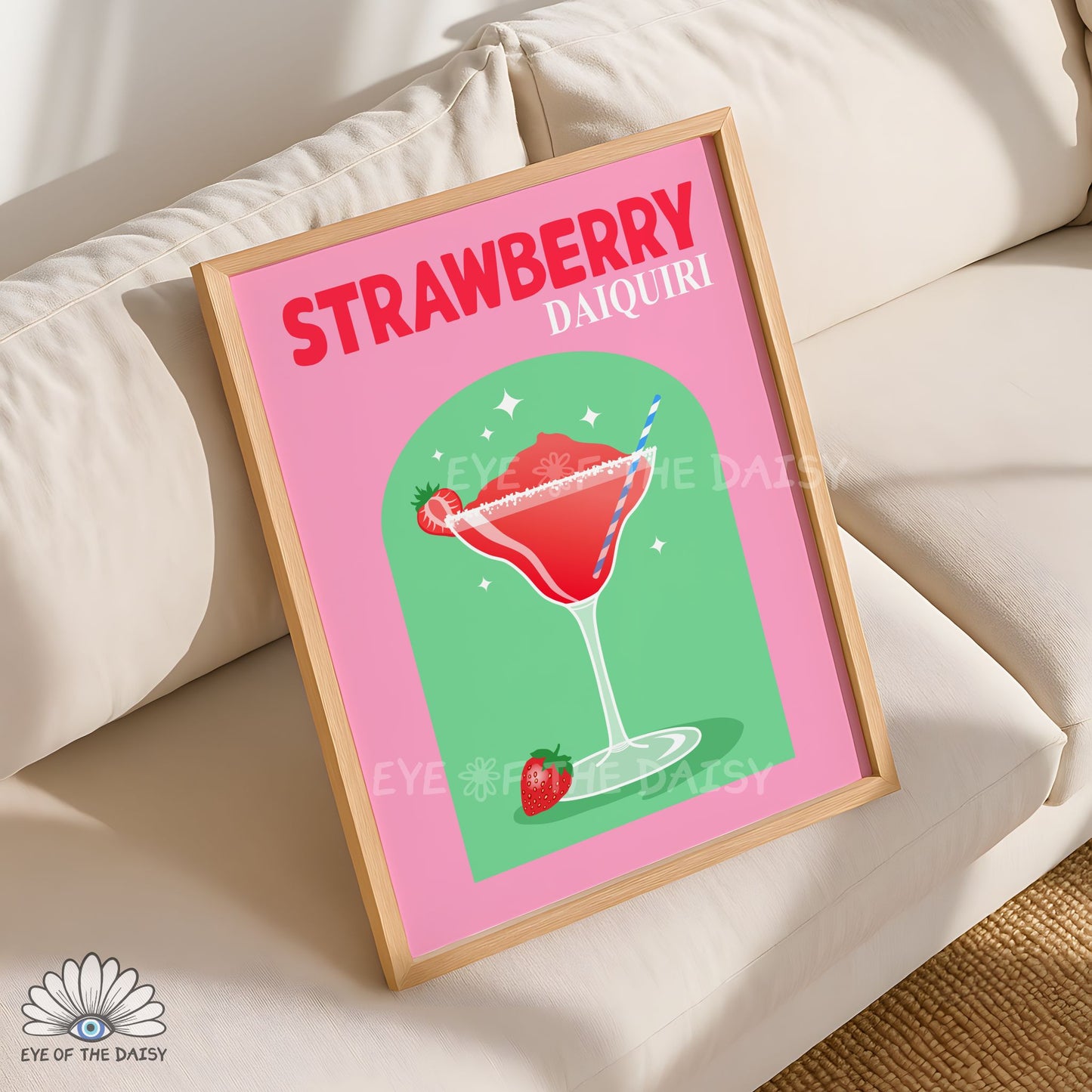playful Strawberry Daiquiri cocktail wall art pink retro drink printable for college room or home bar