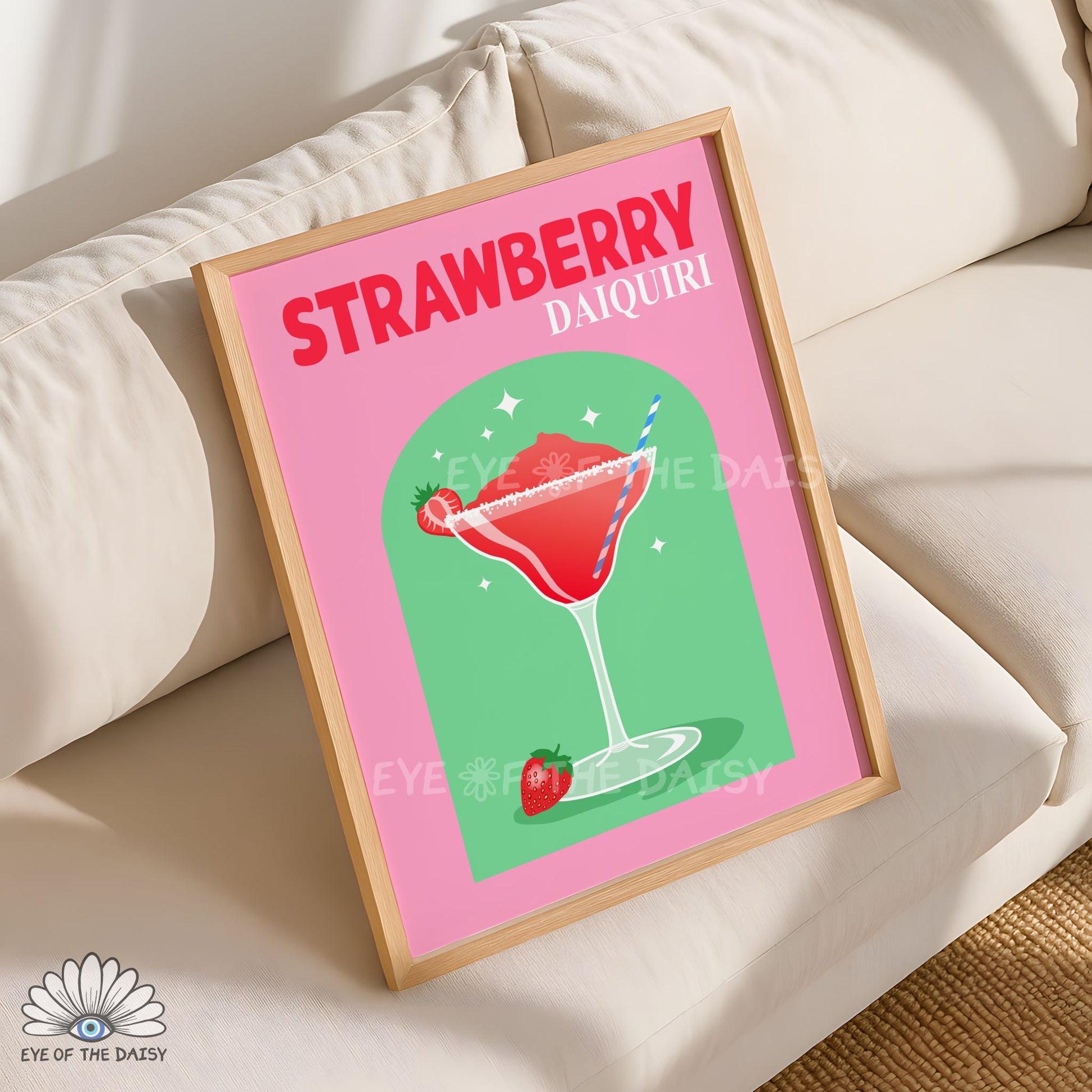 playful Strawberry Daiquiri cocktail wall art pink retro drink printable for college room or home bar