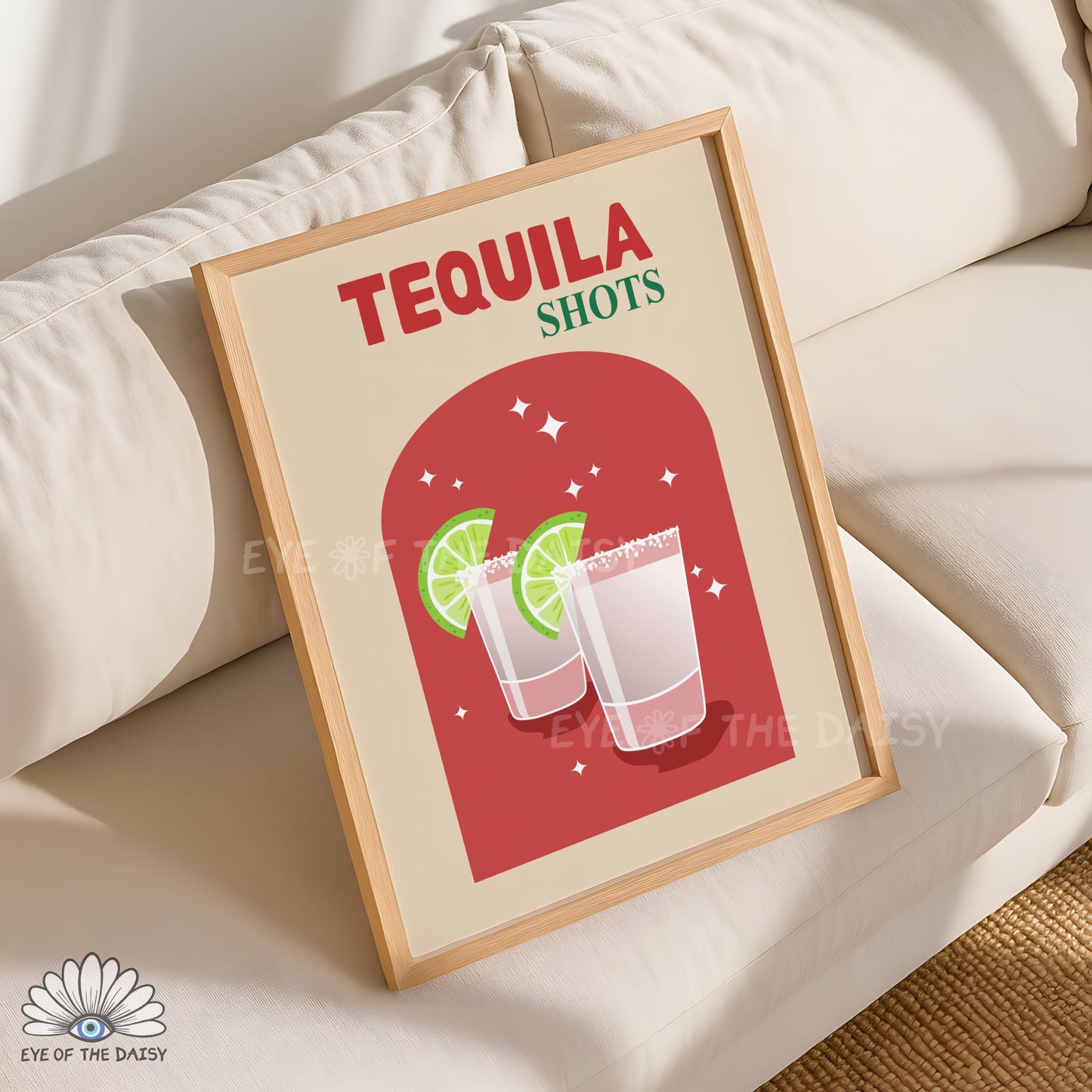 modern retro cocktail printable Tequila poster for colourful kitchen or home bar wall art, hand drawn no AI