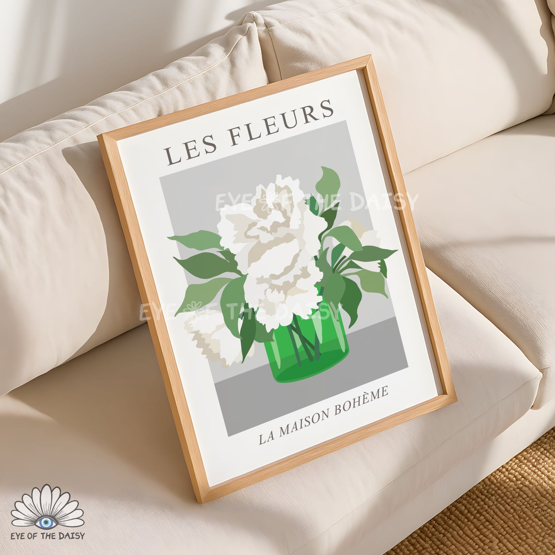 Emerald green white floral art print, modern simple flowers in vase printable wall art for boho chic living room