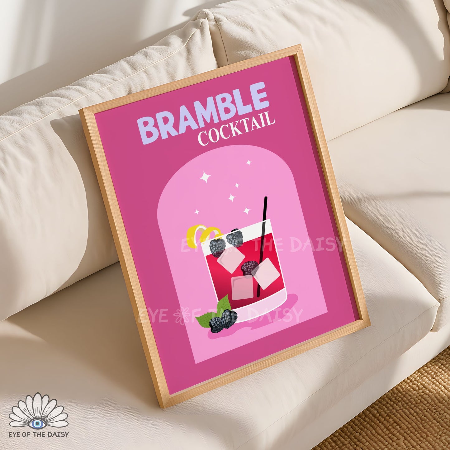 modern retro cocktail printable Bramble gin poster for colourful kitchen or home bar wall art