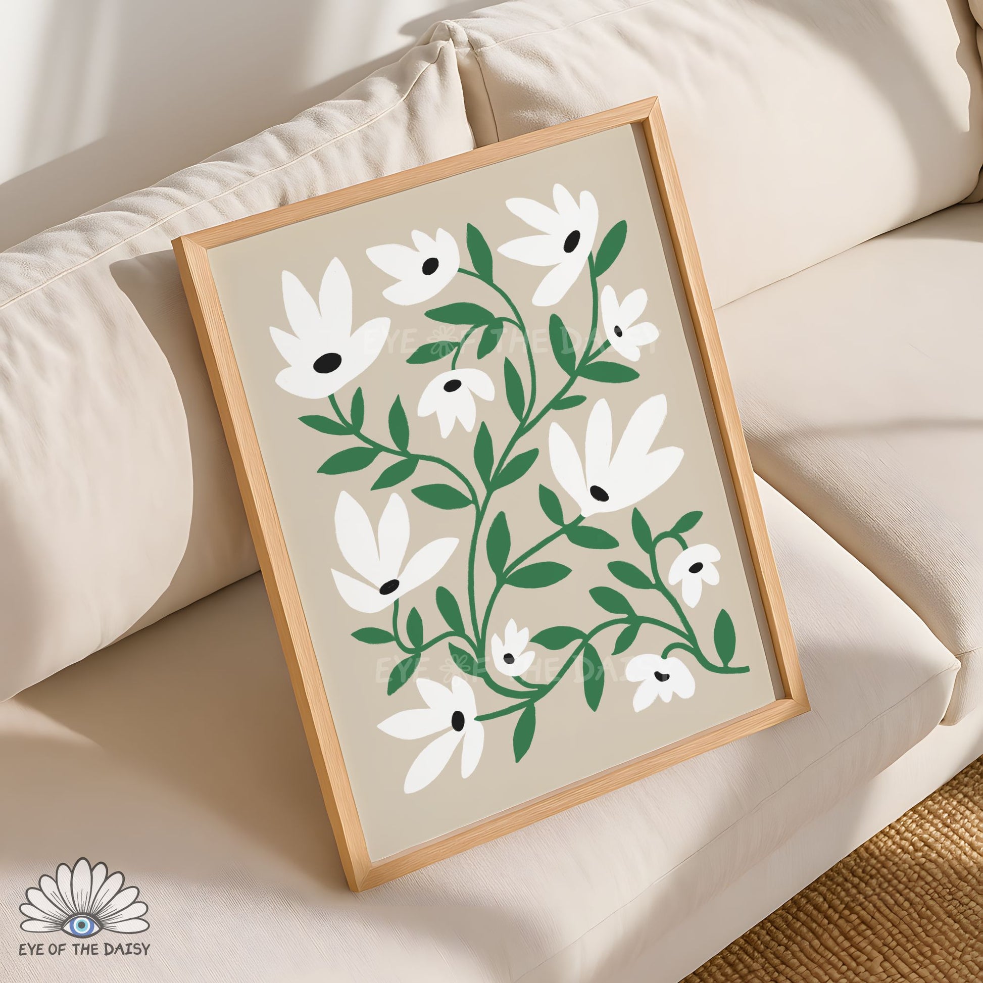 Neutral beige botanical printable wall art, white and green boho abstract flower print for house entrance