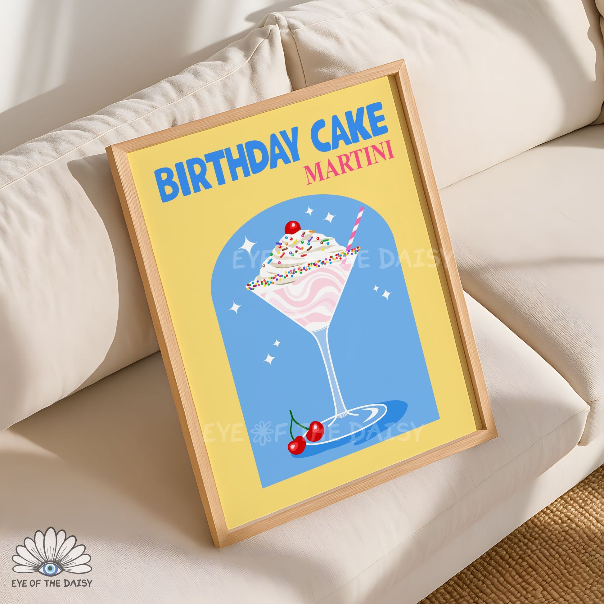 cute funky cocktail printable Birthday Cake Martini print for dorm room or college room bar cart styling