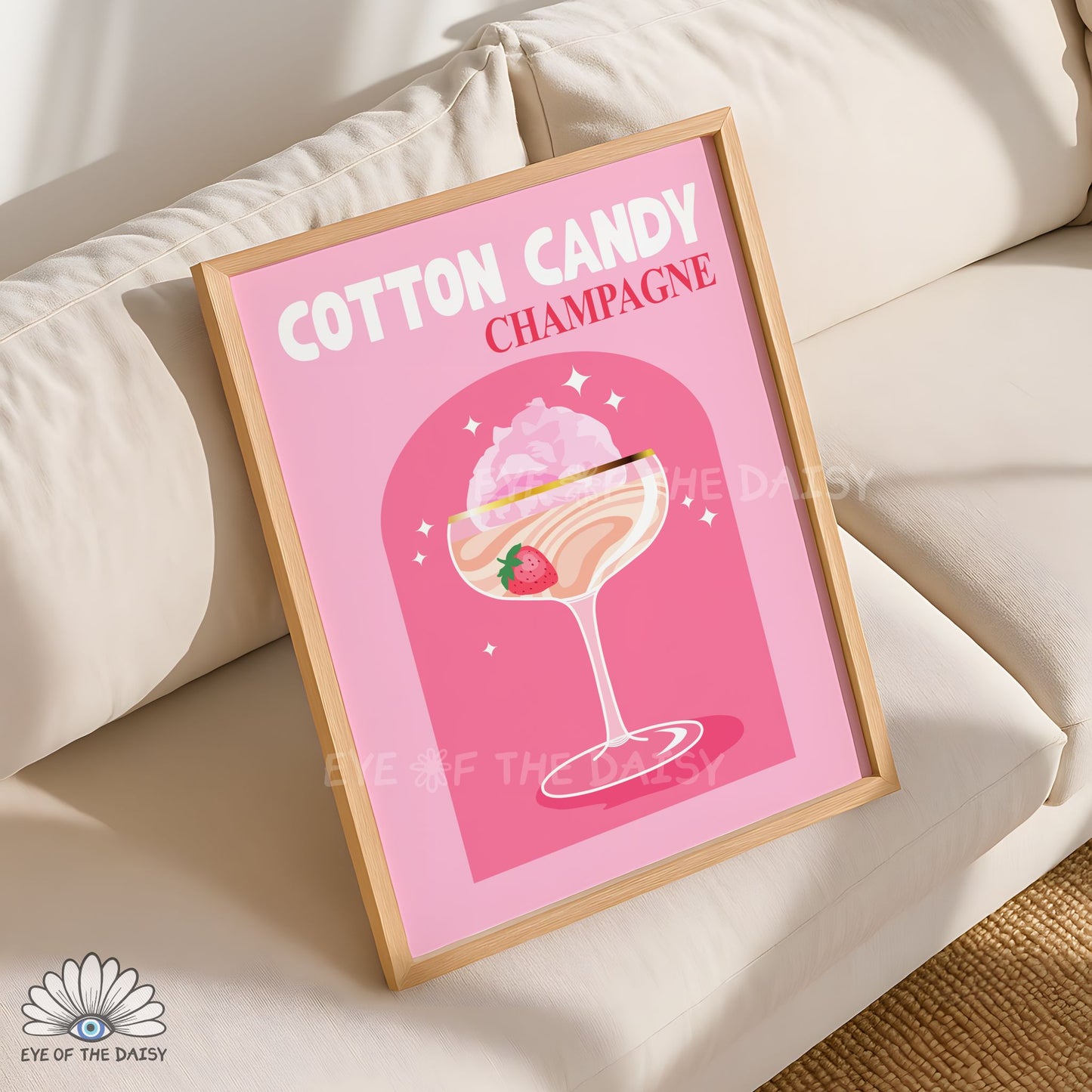 pink Cotton Candy Champagne cocktail illustration printable cute drink art for dorm room or apartment decor