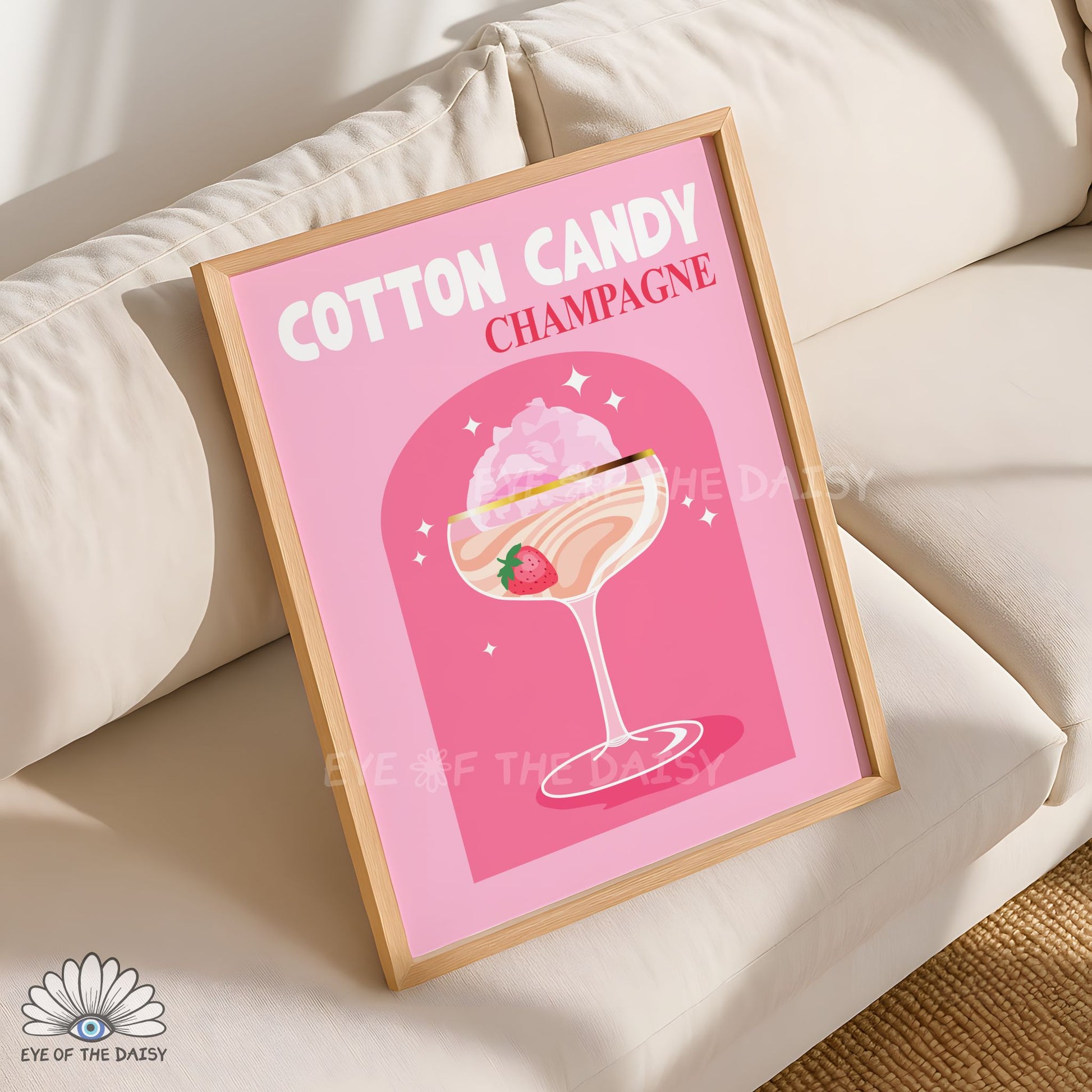 pink Cotton Candy Champagne cocktail illustration printable cute drink art for dorm room or apartment decor