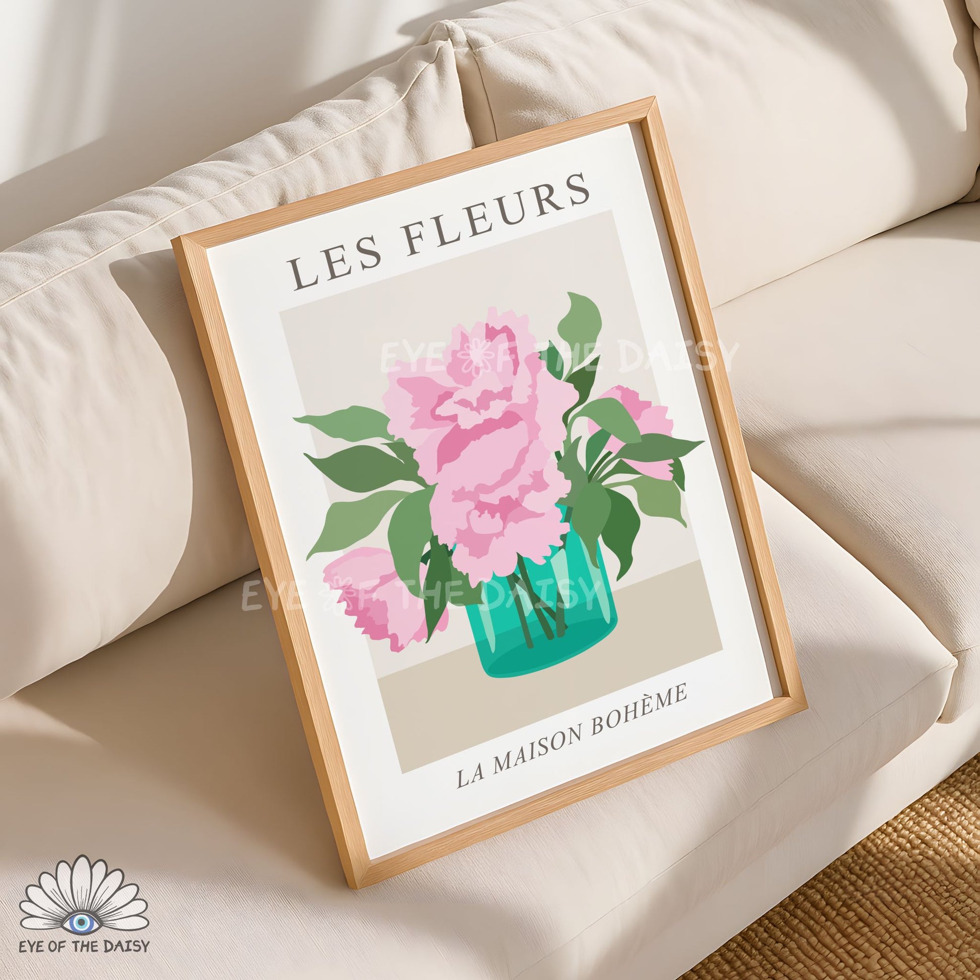 Contemporary pink peony flowers poster, modern floral exhibition poster of flowers in vase