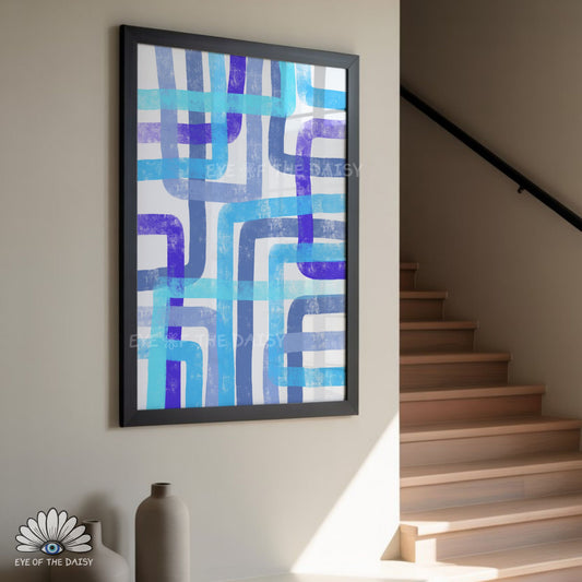 Vibrant blue abstract lines printable wall art, modern contemporary wall art poster download