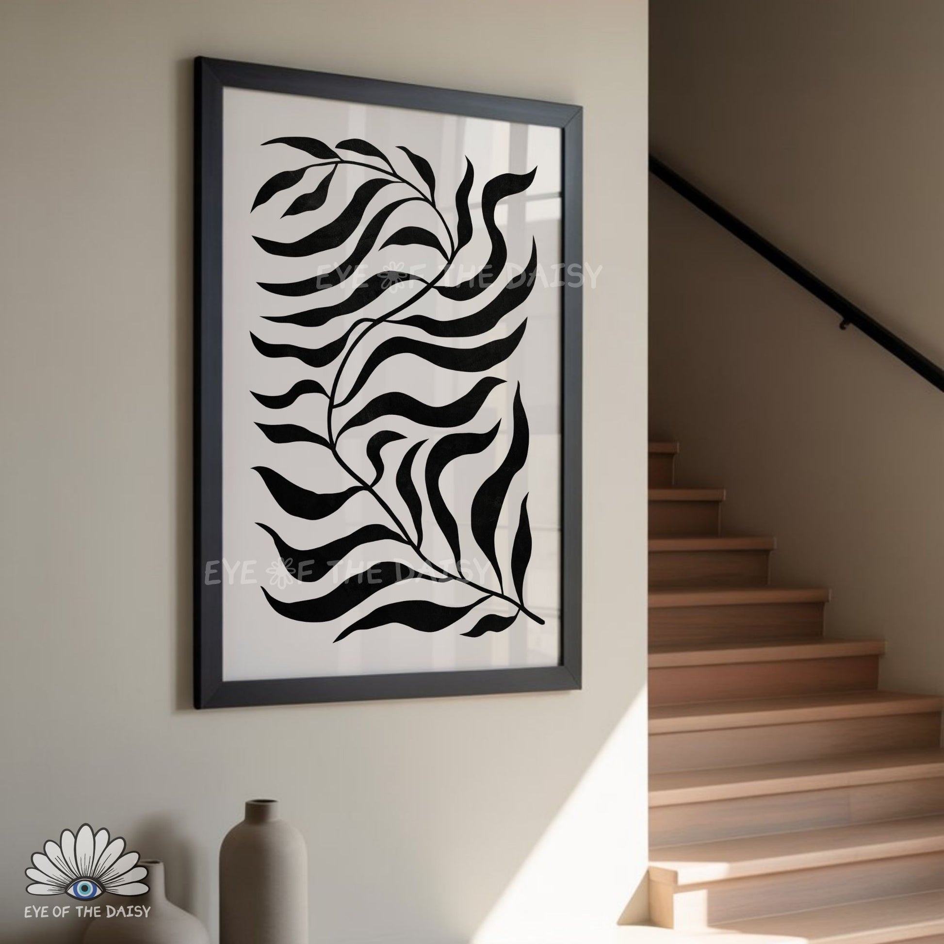 minimal black leaf illustration printable, contemporary boho wall art for bedroom or hallway
