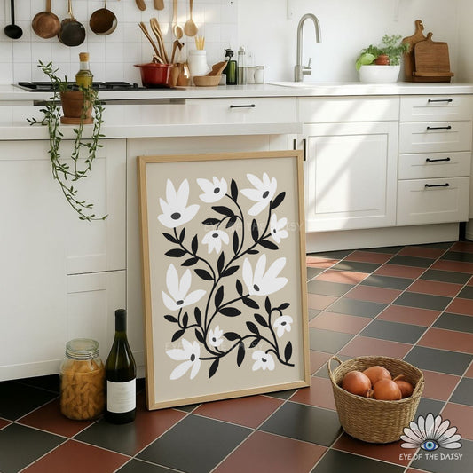 Neutral Abstract Floral Printable Wall Art | Black White and Beige Botanical Print Digital Download