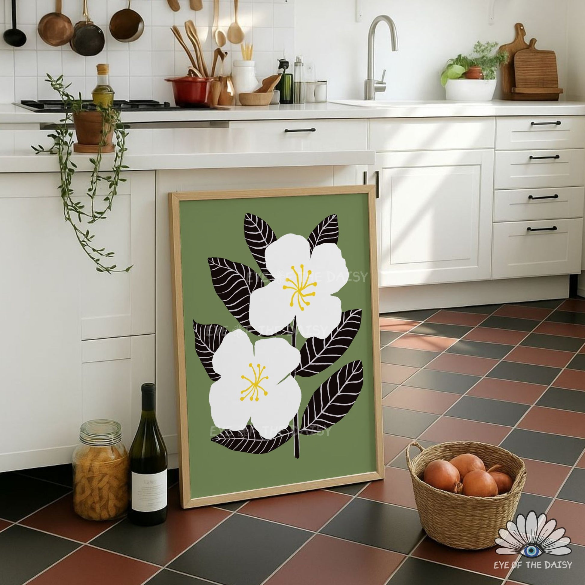 Boho Scandi abstract flower printable wall art in olive green, black & white, boho botanical poster