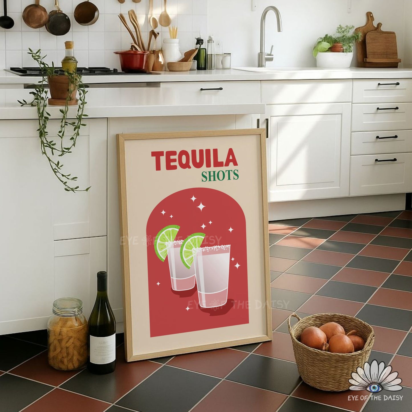trendy Tequila Shots cocktail wall art retro drink printable for modern apartment kitchen or bar cart