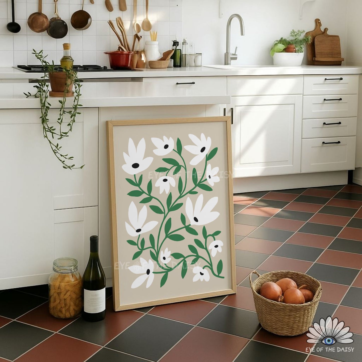 Minimalist white and green botanical digital print, contemporary living room floral wall decor