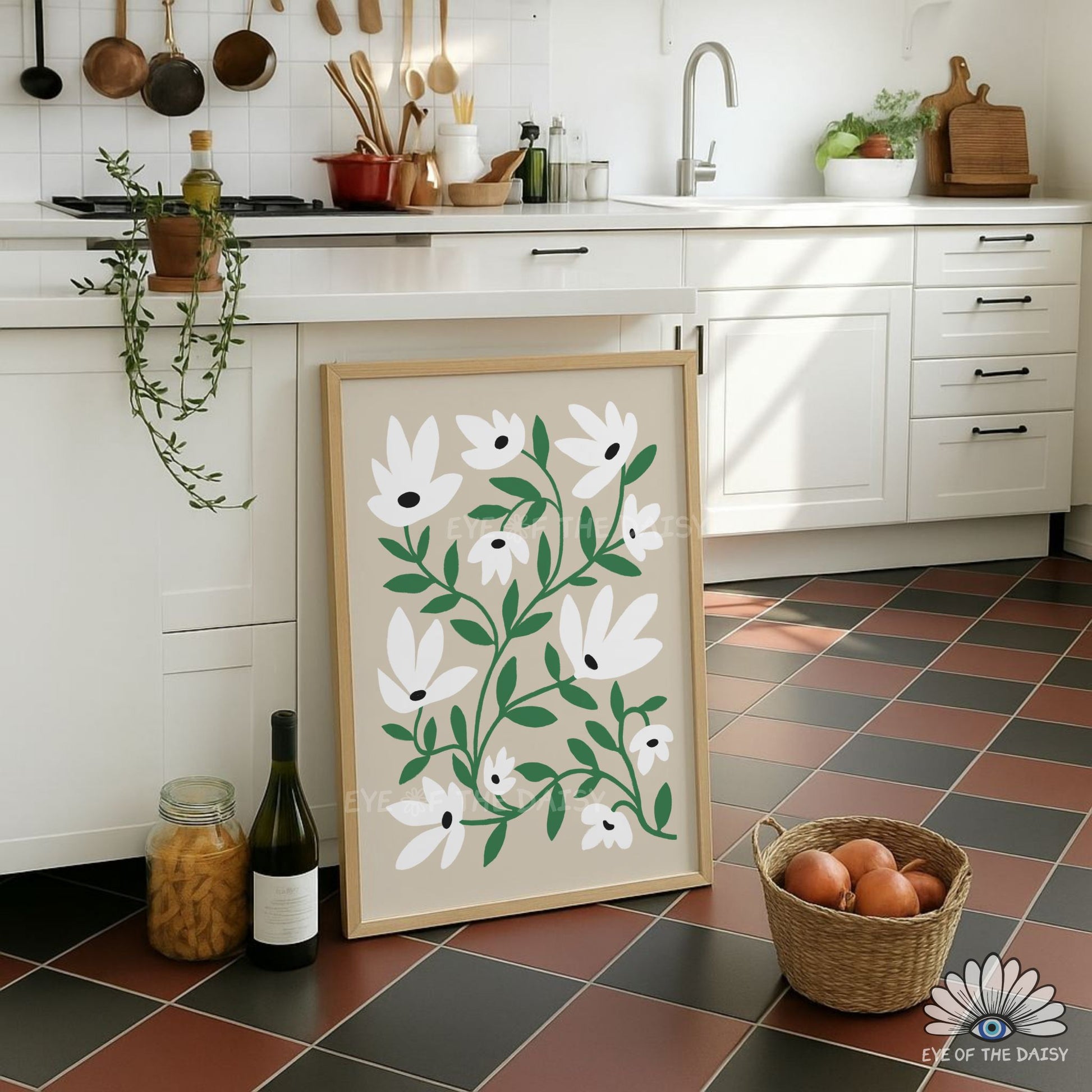 Minimalist white and green botanical digital print, contemporary living room floral wall decor