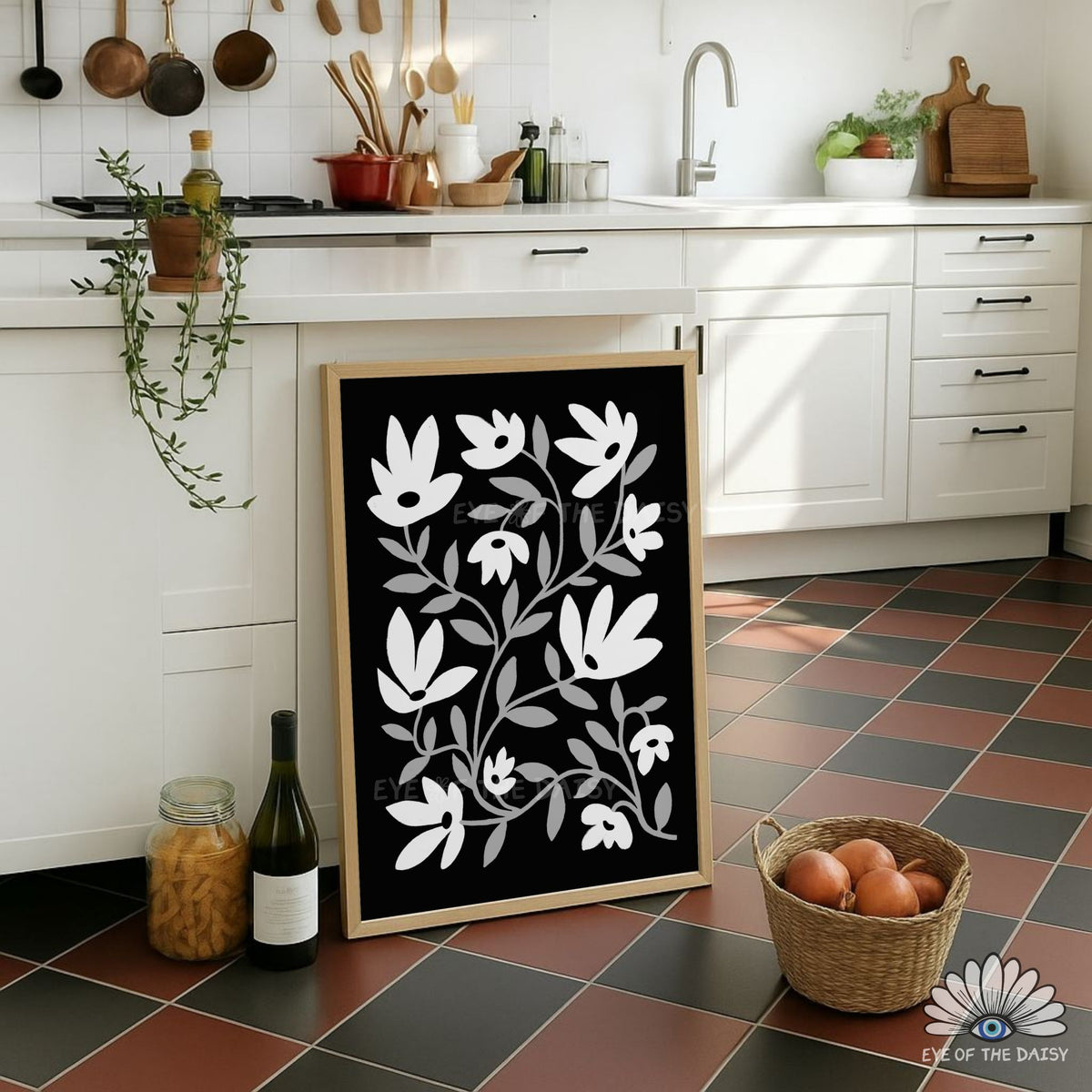 Minimal monochrome abstract botanical print, gallery wall printable for house entrances or kitchen decor