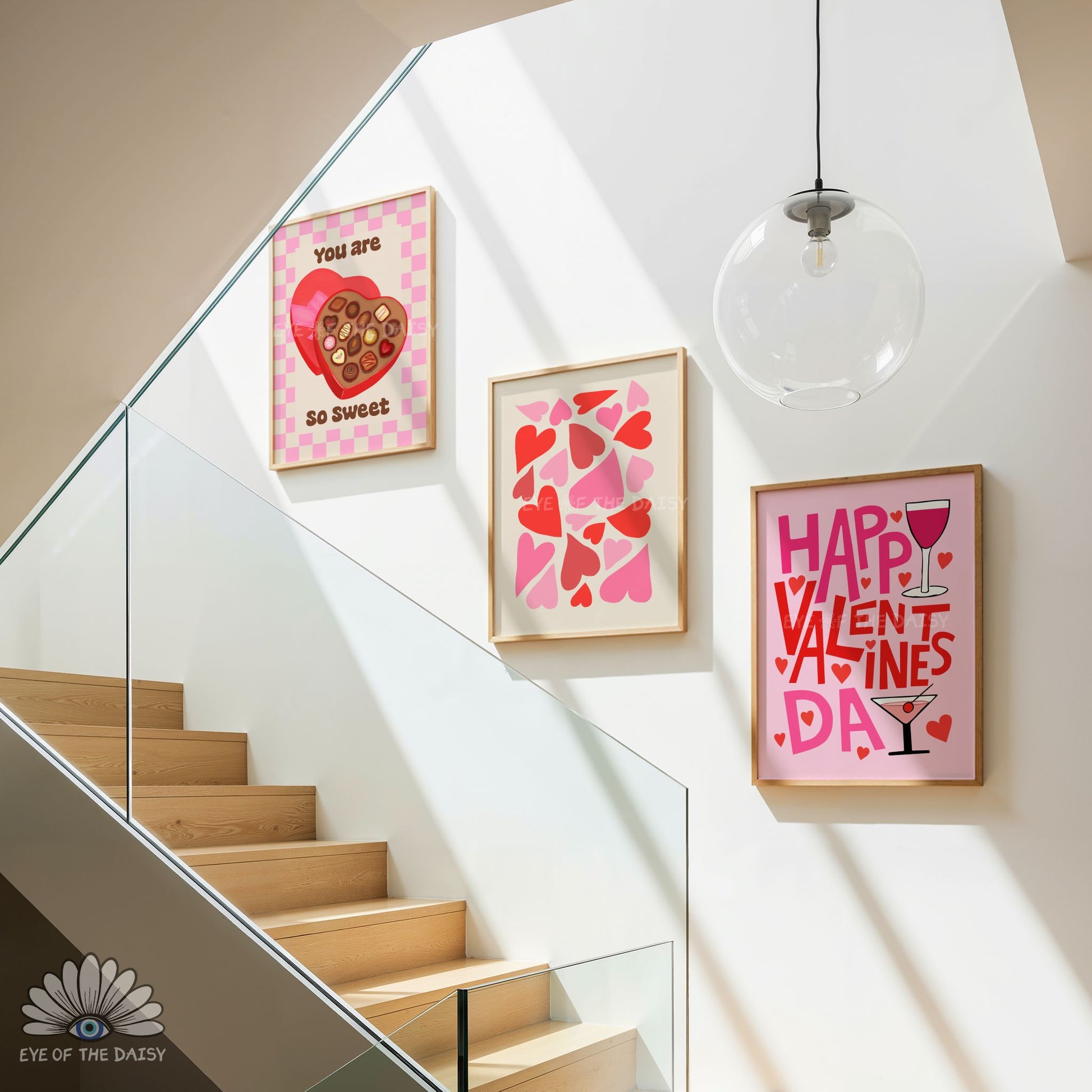 Galentine's Day print set of 6 hand drawn digital posters, red and pink gallery wall art for bedrooms, dorms, apartments, or living spaces