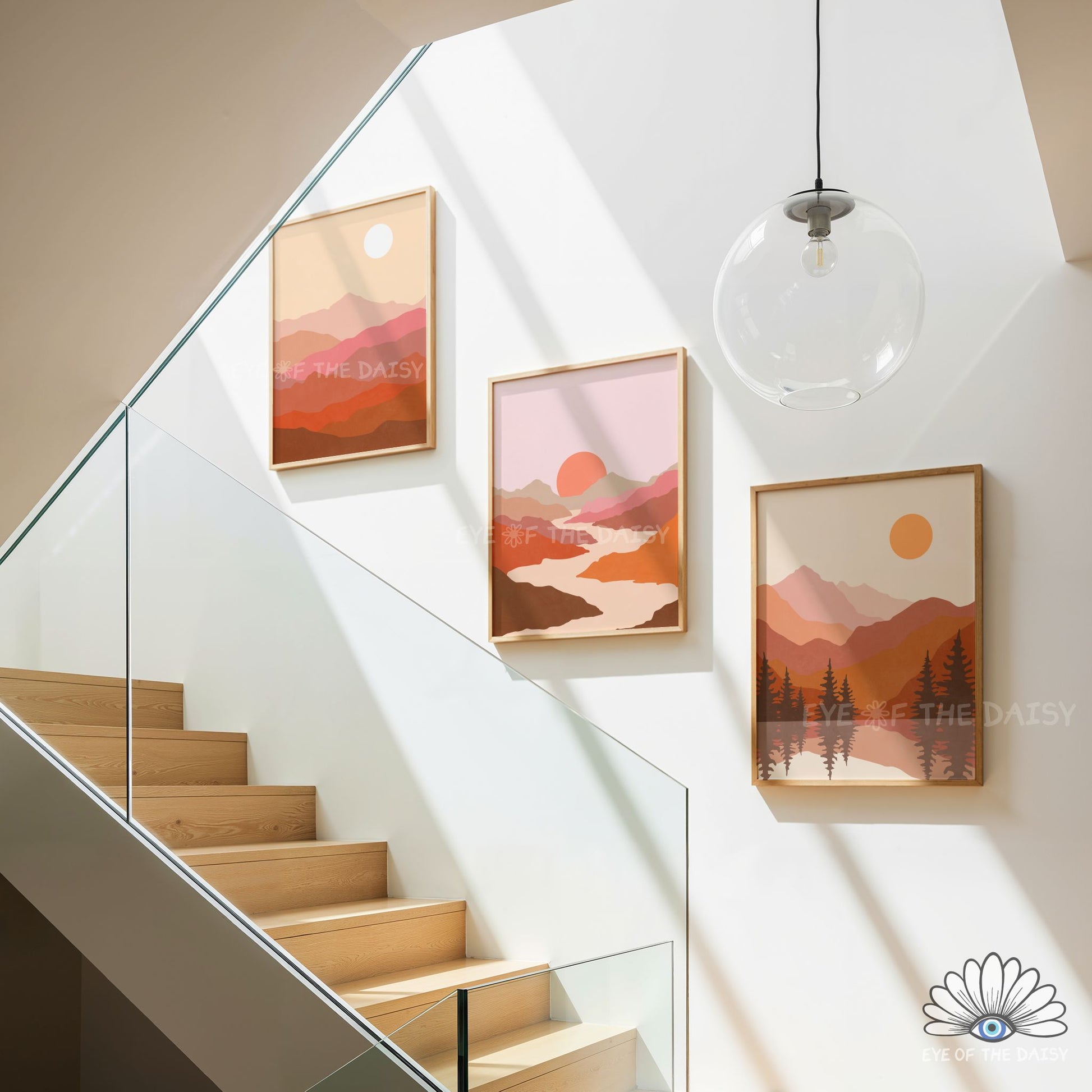 Set of 3 boho abstract mountains printable wall art, warm earth tone gallery wall set