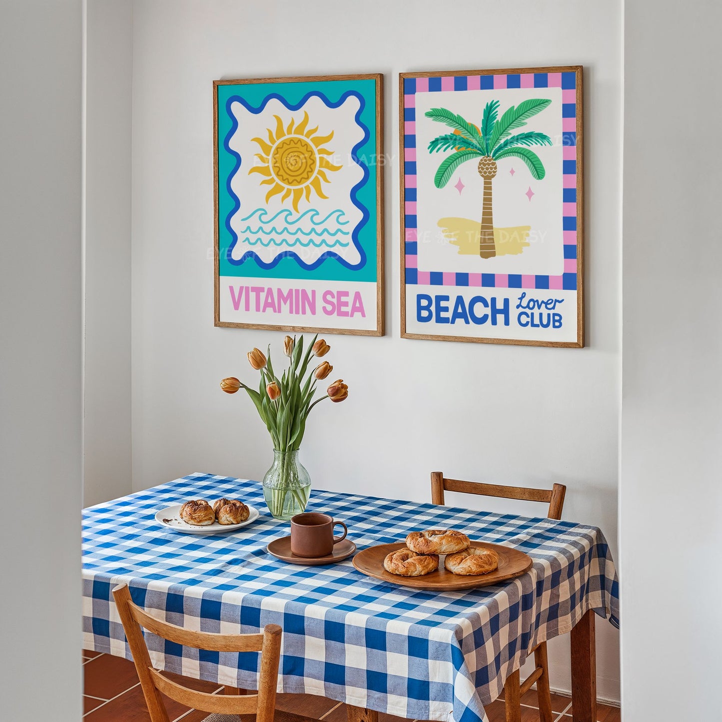 Set of 3 boho coastal prints – colorful beach-themed digital download posters, printable wall art for trendy boho kitchen decor