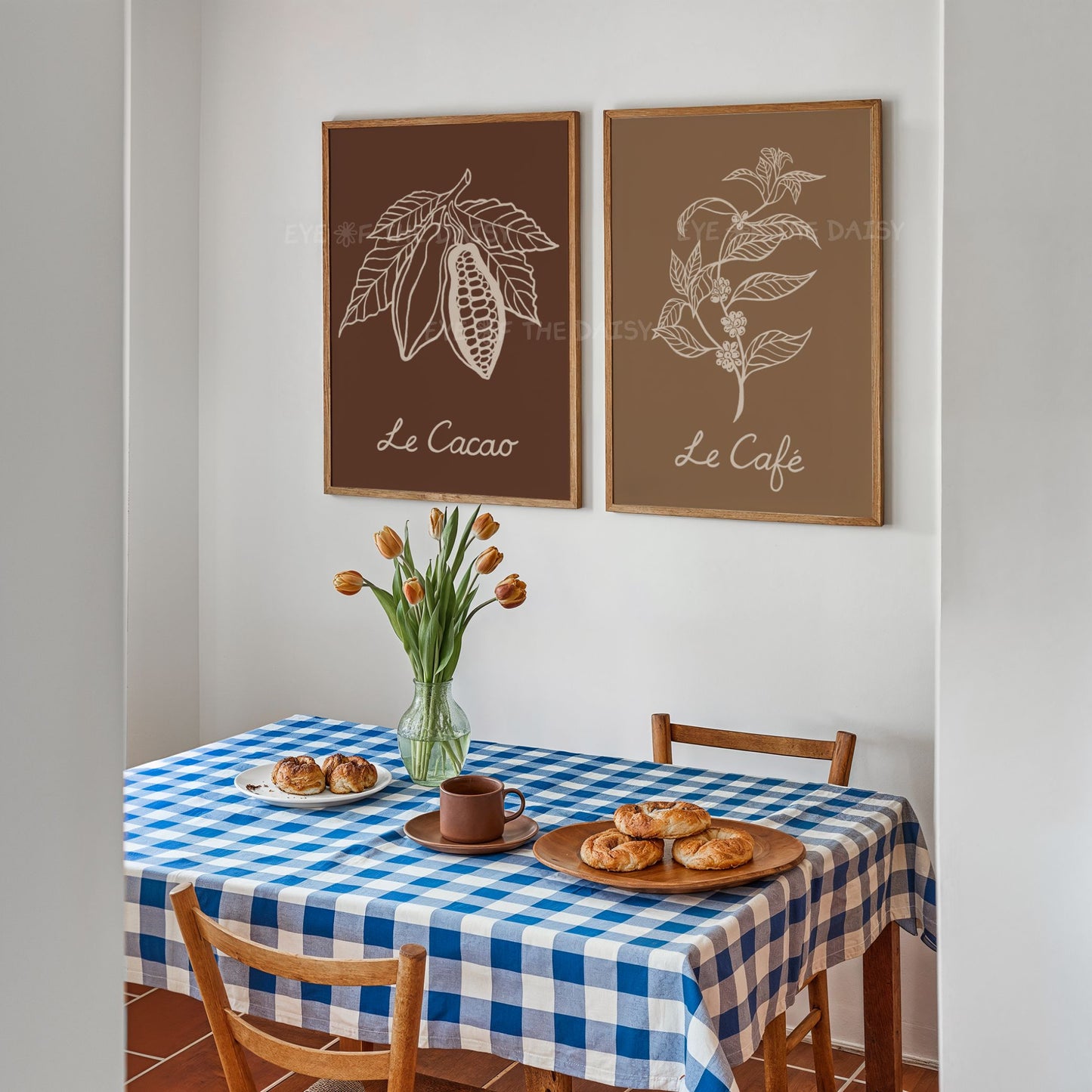 Modern boho botanical three piece printable wall art set in warm brown and beige tones, ideal for kitchen gallery wall set