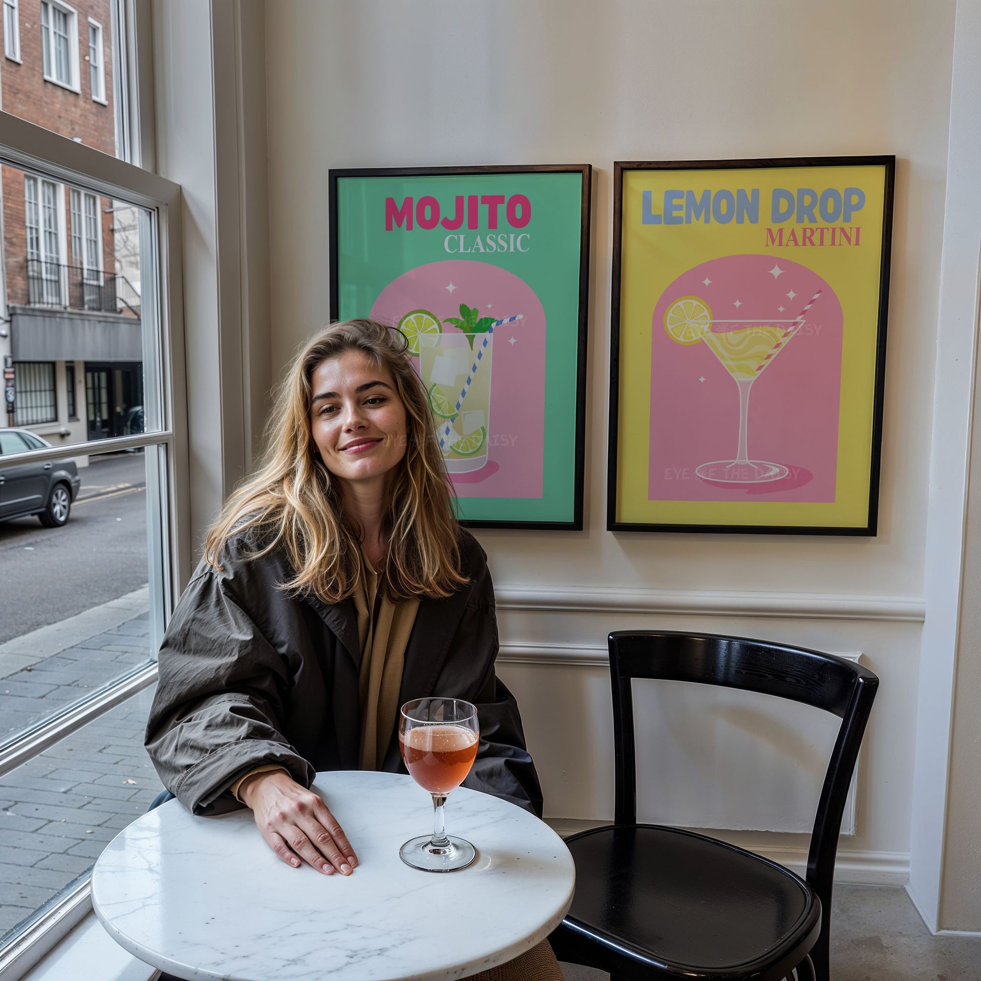 Lemon Drop Martini cocktail print, retro digital download poster for trendy bar cart or kitchen wall decor, cute and vibrant artwork