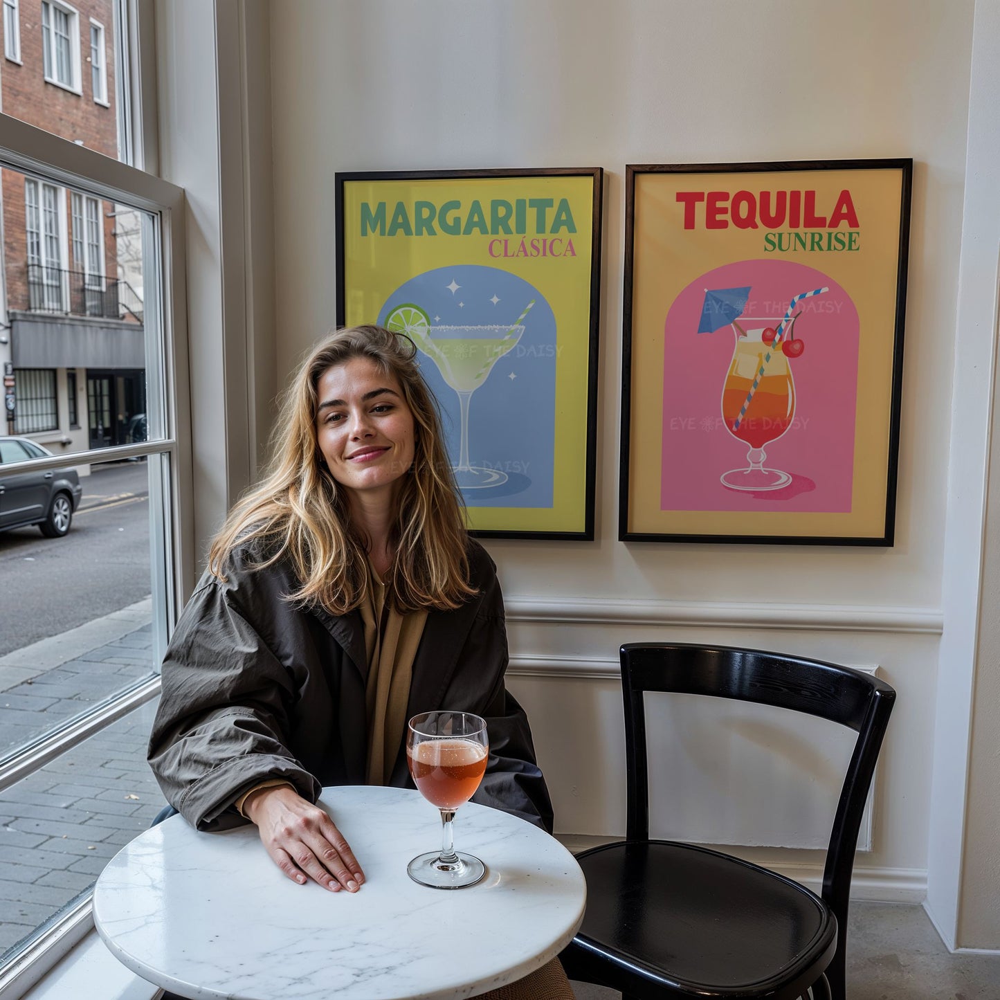 Trendy Tequila Sunrise cocktail poster  in vibrant pink and orange, for bar cart decor or colorful modern home bar decor