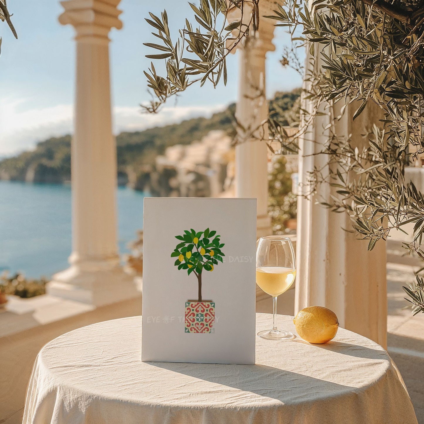 Mediterranean lemon tree printable poster with tile pot – bright botanical downloadable art, ideal DIY wall decor for stylish summer rental homes