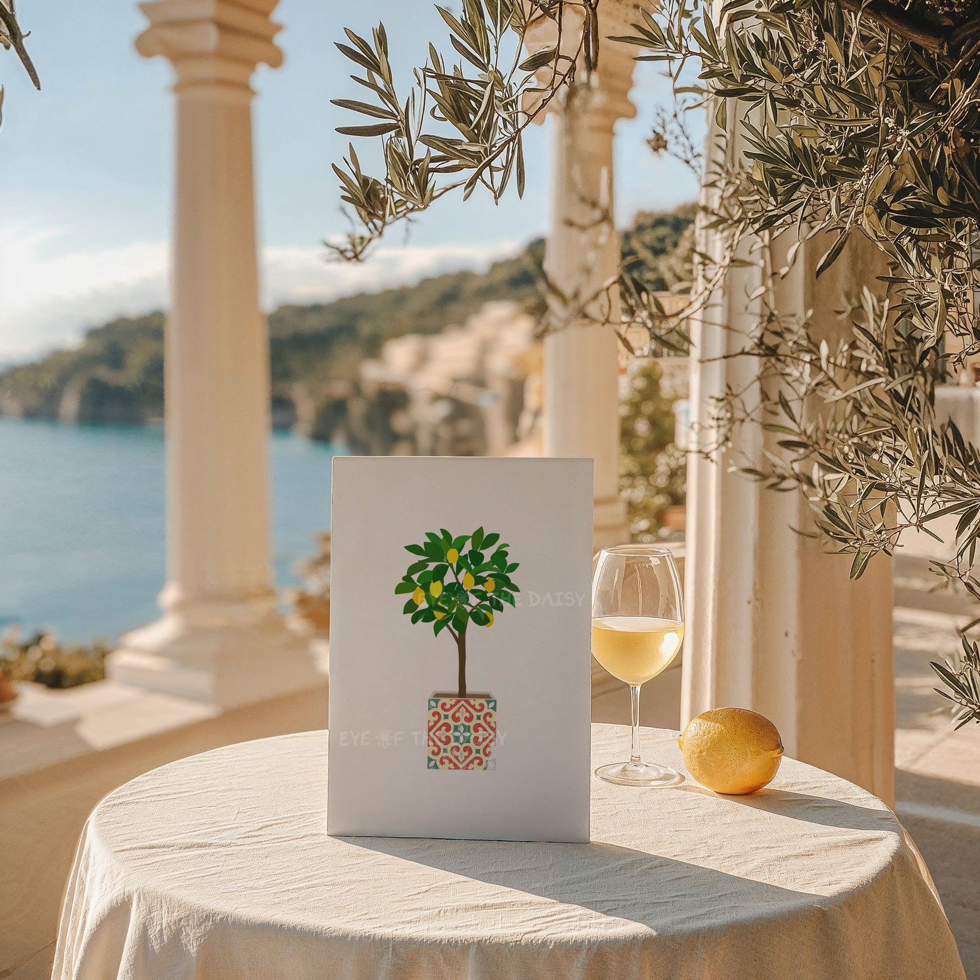 Mediterranean lemon tree printable poster with tile pot – bright botanical downloadable art, ideal DIY wall decor for stylish summer rental homes