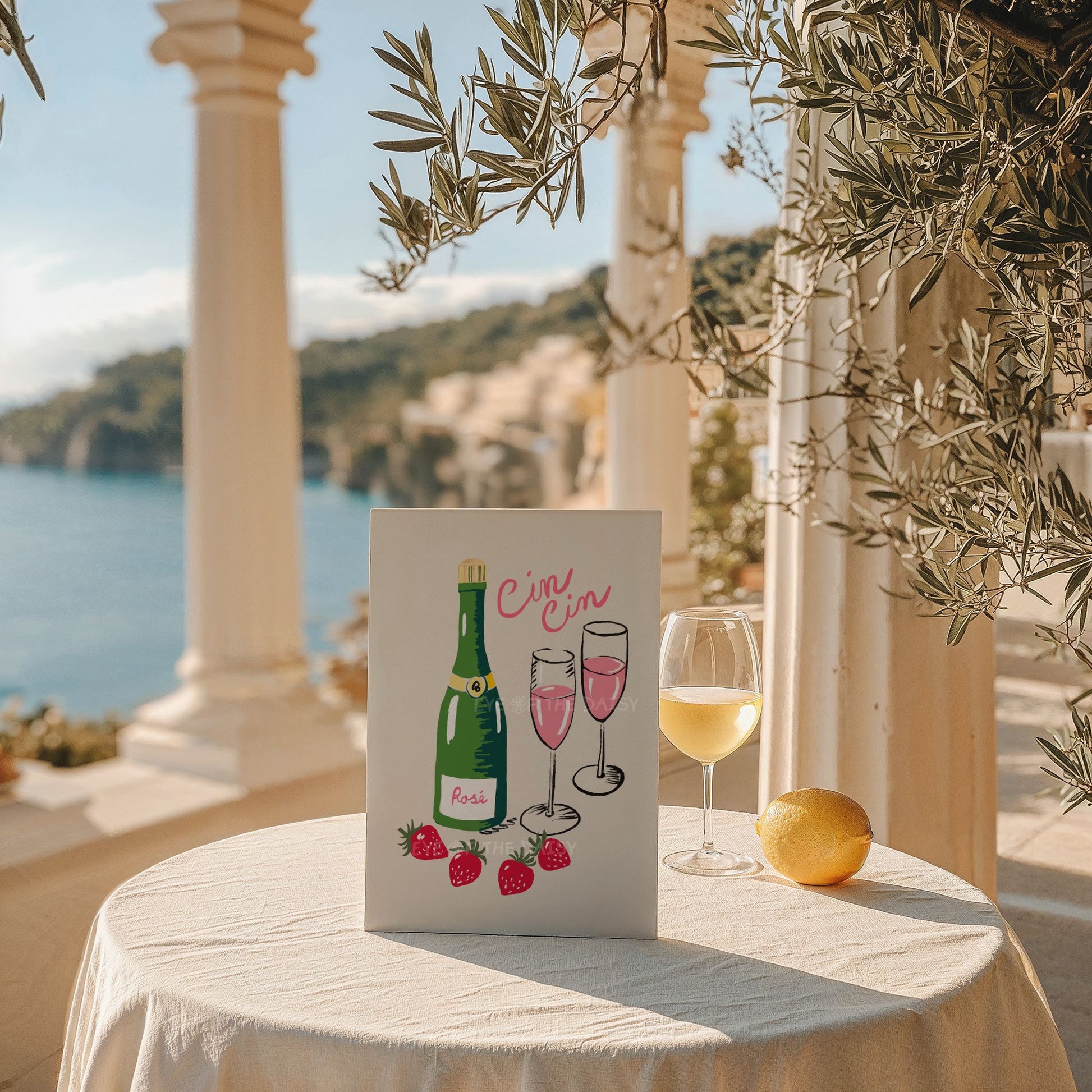 Table with a "Cin Cin" wall art print, trendy Italian food & drink poster for a summer beach rental or trendy apartment