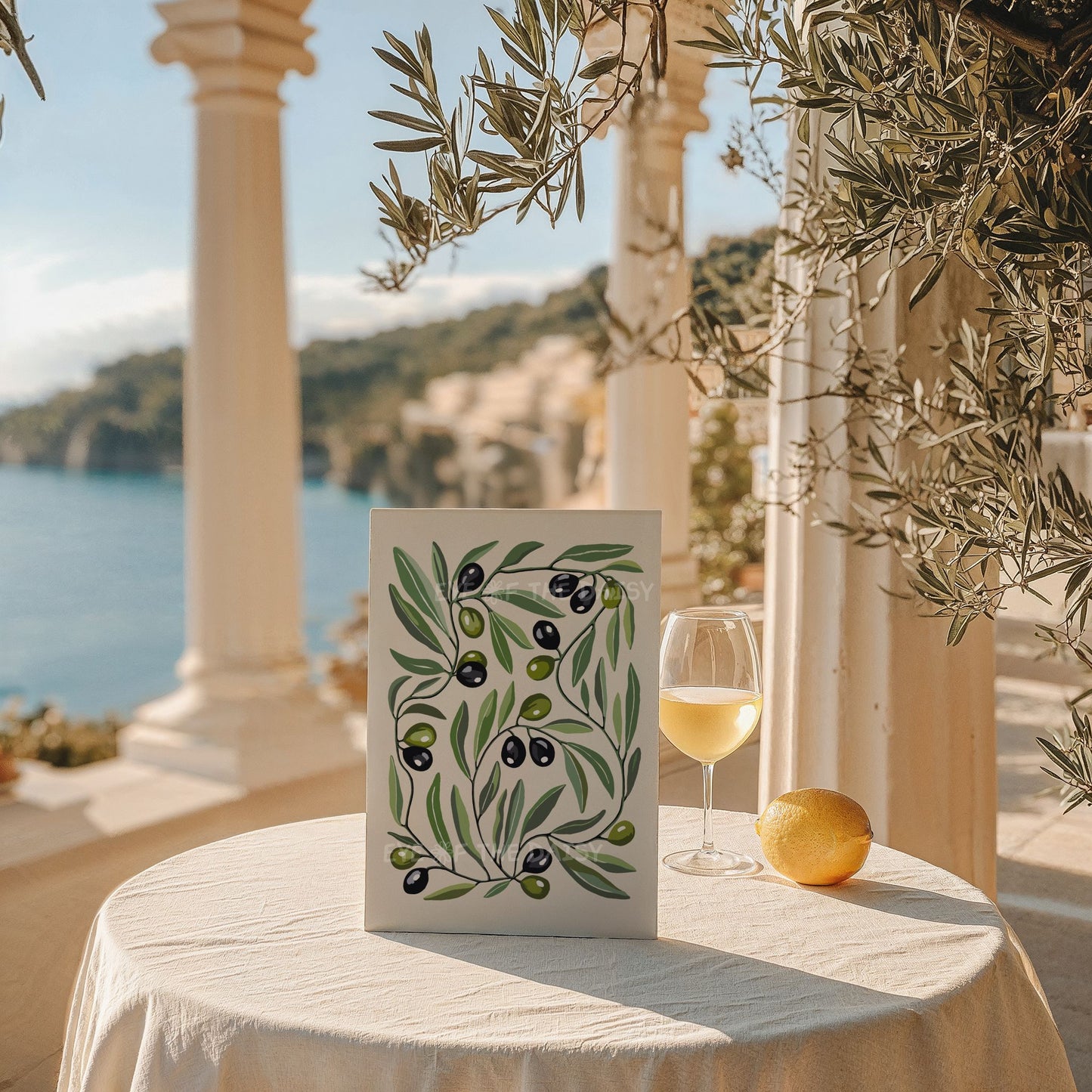 Botanical olive tree wall print – minimalist digital art with green leaves, ideal printable wall decor for beachy interiors