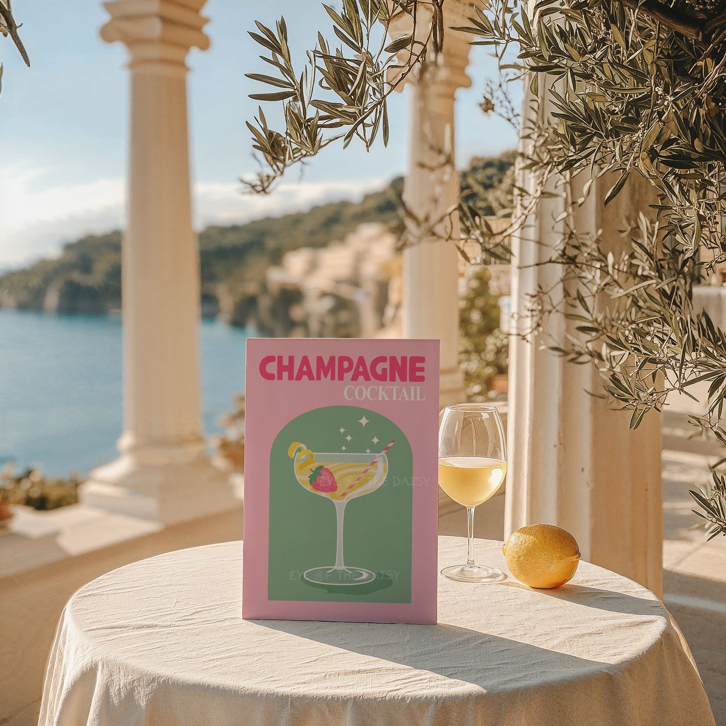 Colorful retro cocktail wall art – vibrant pink and green champagne print, trendy downloadable decor for a dorm, bedroom, or college room