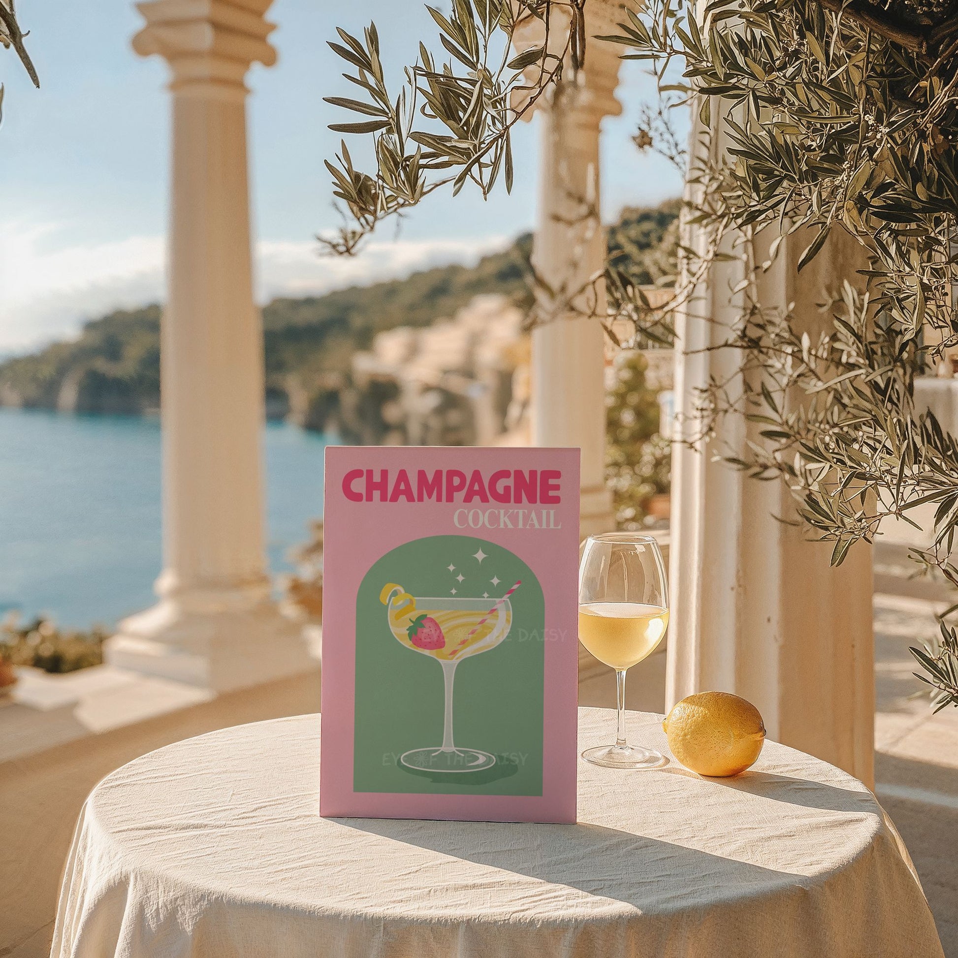 Colorful retro cocktail wall art – vibrant pink and green champagne print, trendy downloadable decor for a dorm, bedroom, or college room