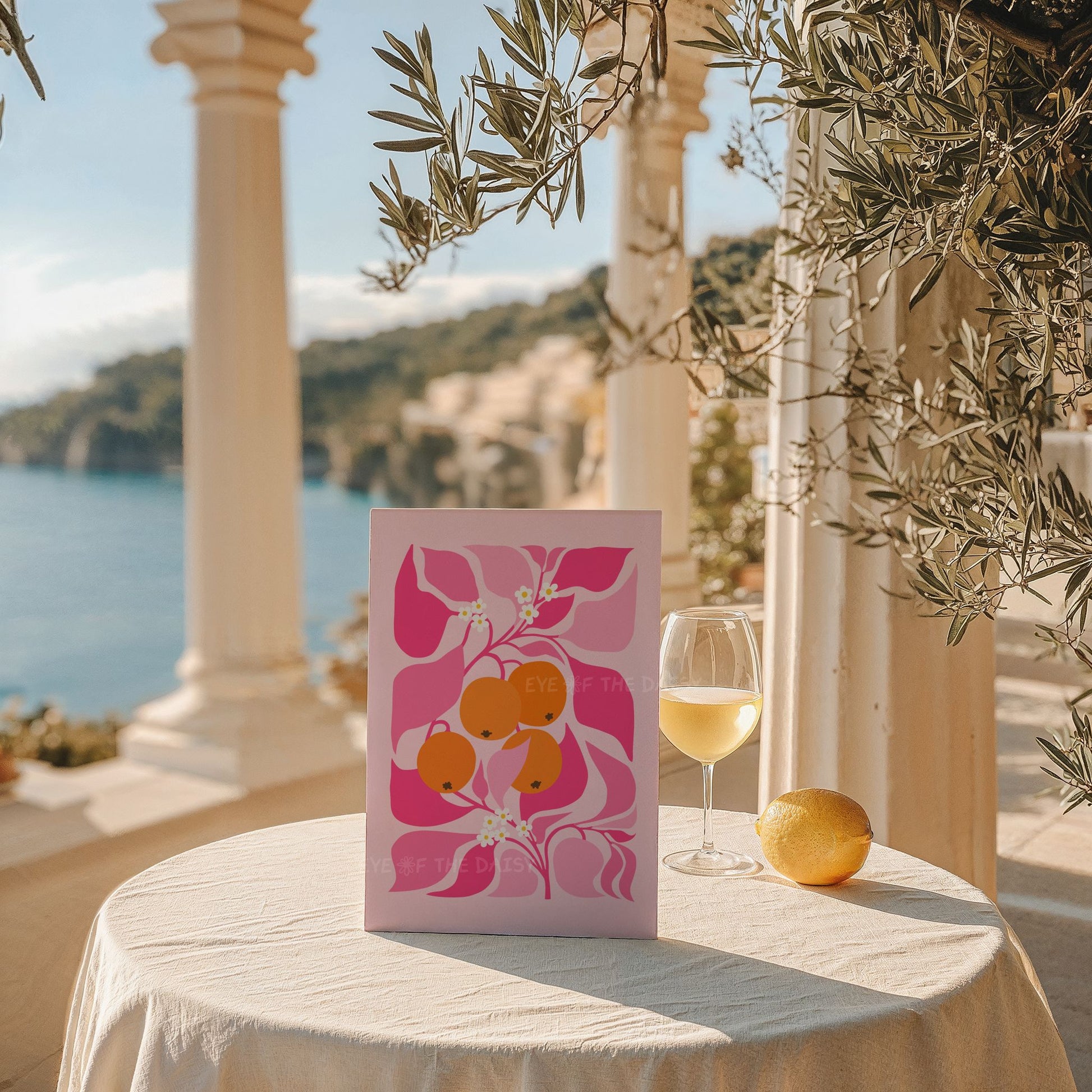 Modern orange tree digital art print in pink and orange – playful abstract botanical wall decor for a fun Mediterranean decor