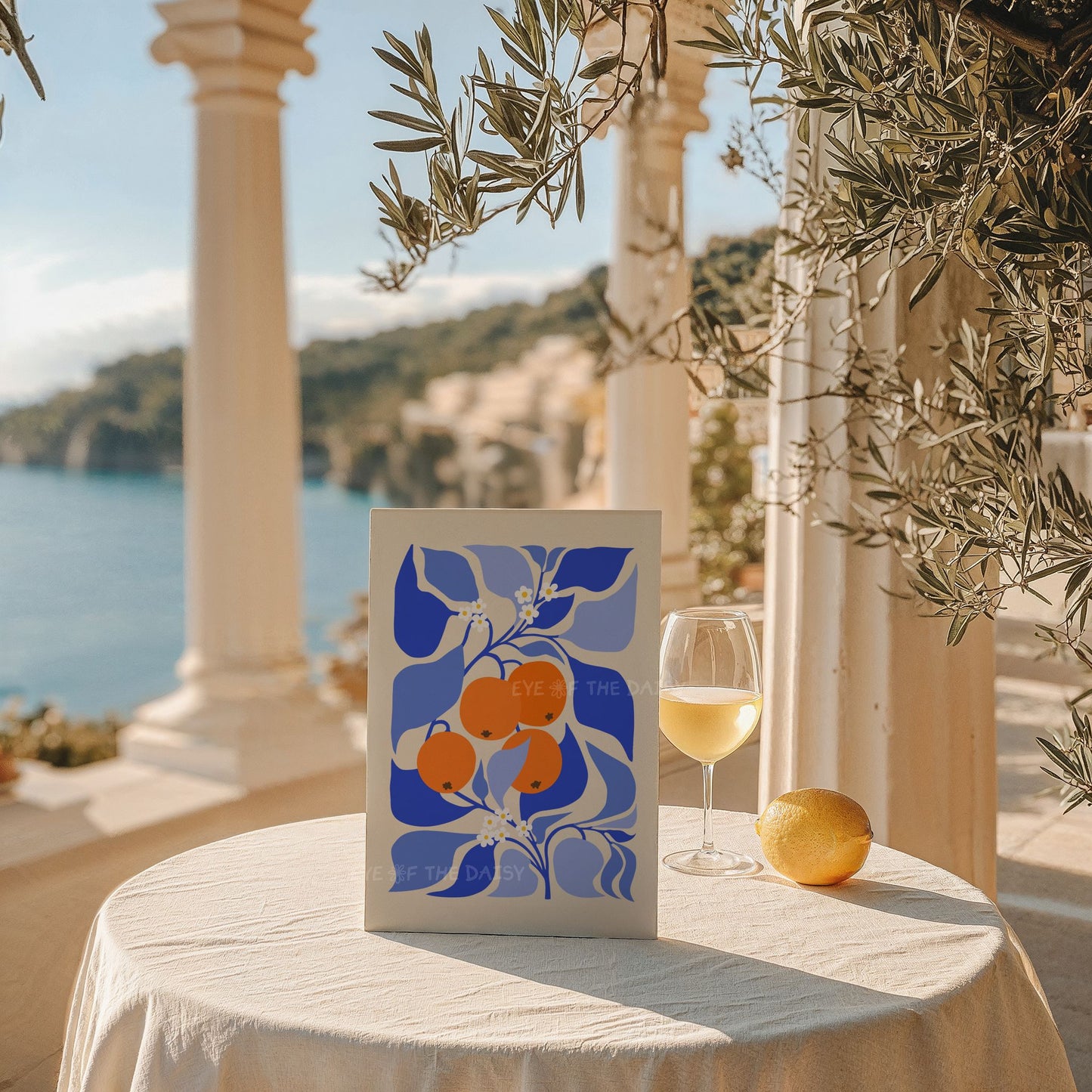 Modern botanical digital wall art featuring a stylized orange tree – vibrant blue & orange fruit print for eclectic kitchen