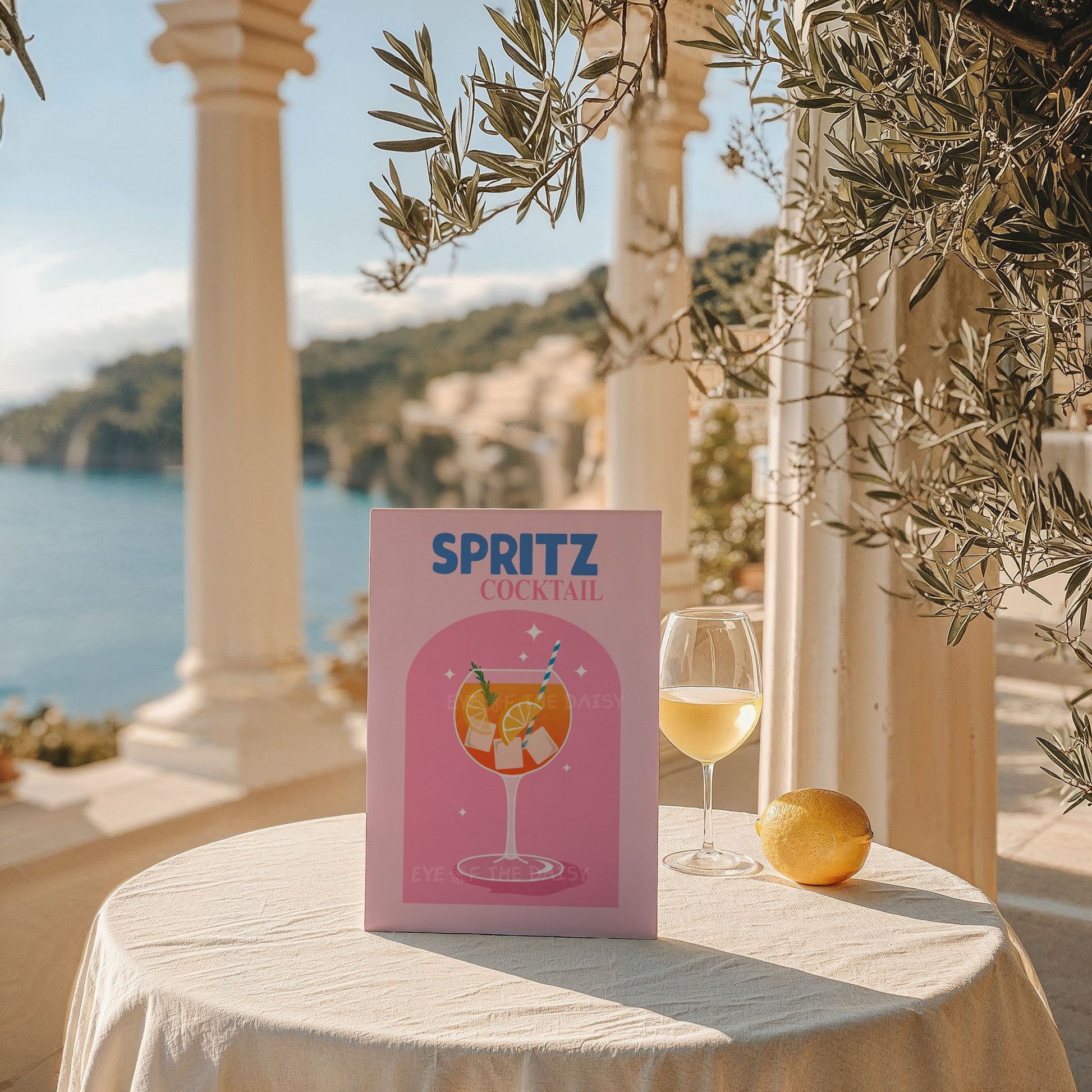 Modern Italian "Spritz Cocktail" bar cart print in vibrant pink and orange with the Amalfi Coast in the background