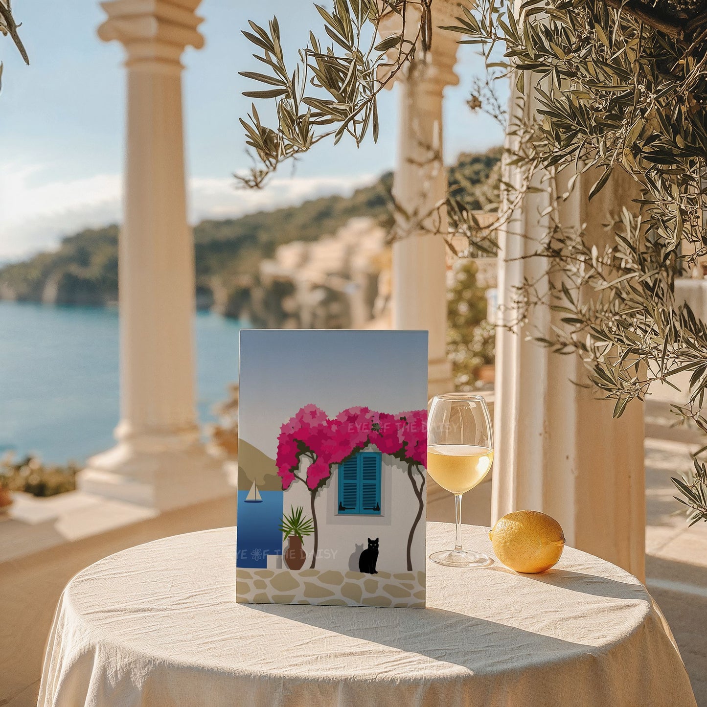 Mediterranean travel poster printable — Paros island illustration with bougainvillea and cat, ideal vacation rental wall decor