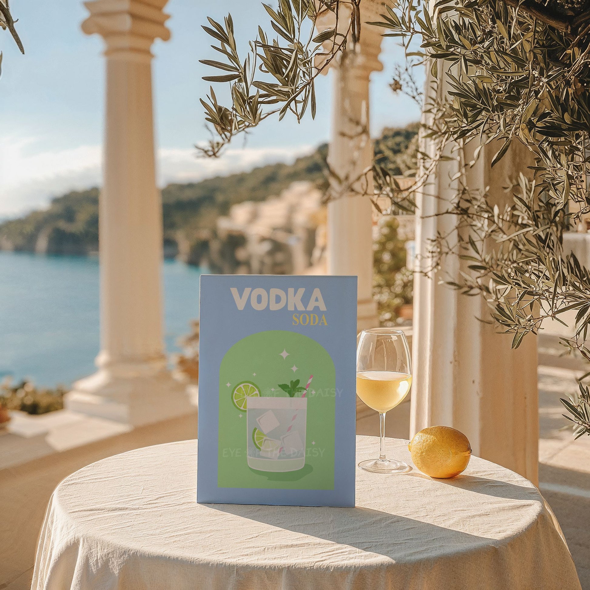 Retro Vodka Soda cocktail printable poster – colorful downloadable art perfect for beach rental wall decor