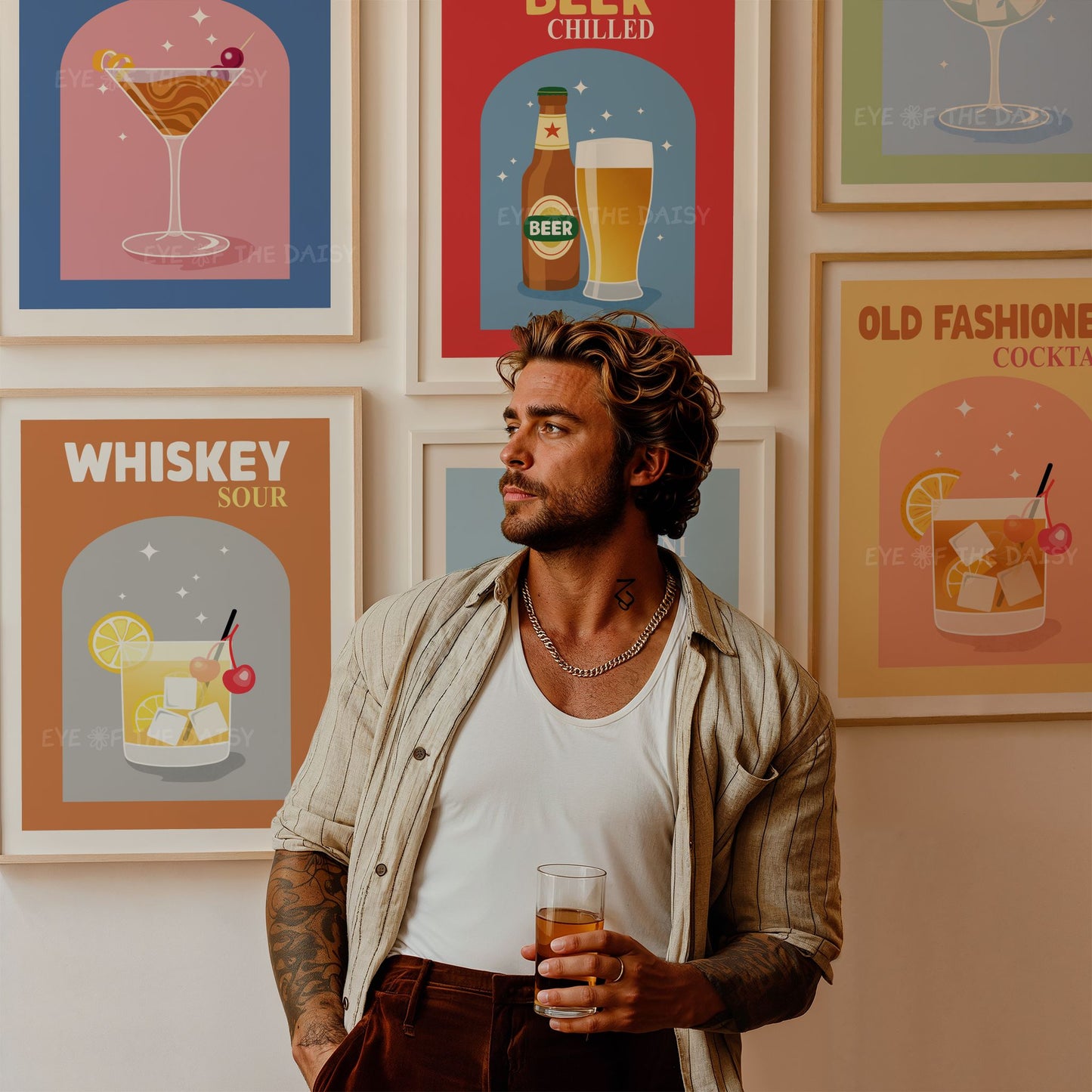 Colorful cocktail print set of 6, bar printable wall art for trendy apartment, downloadable gallery wall set