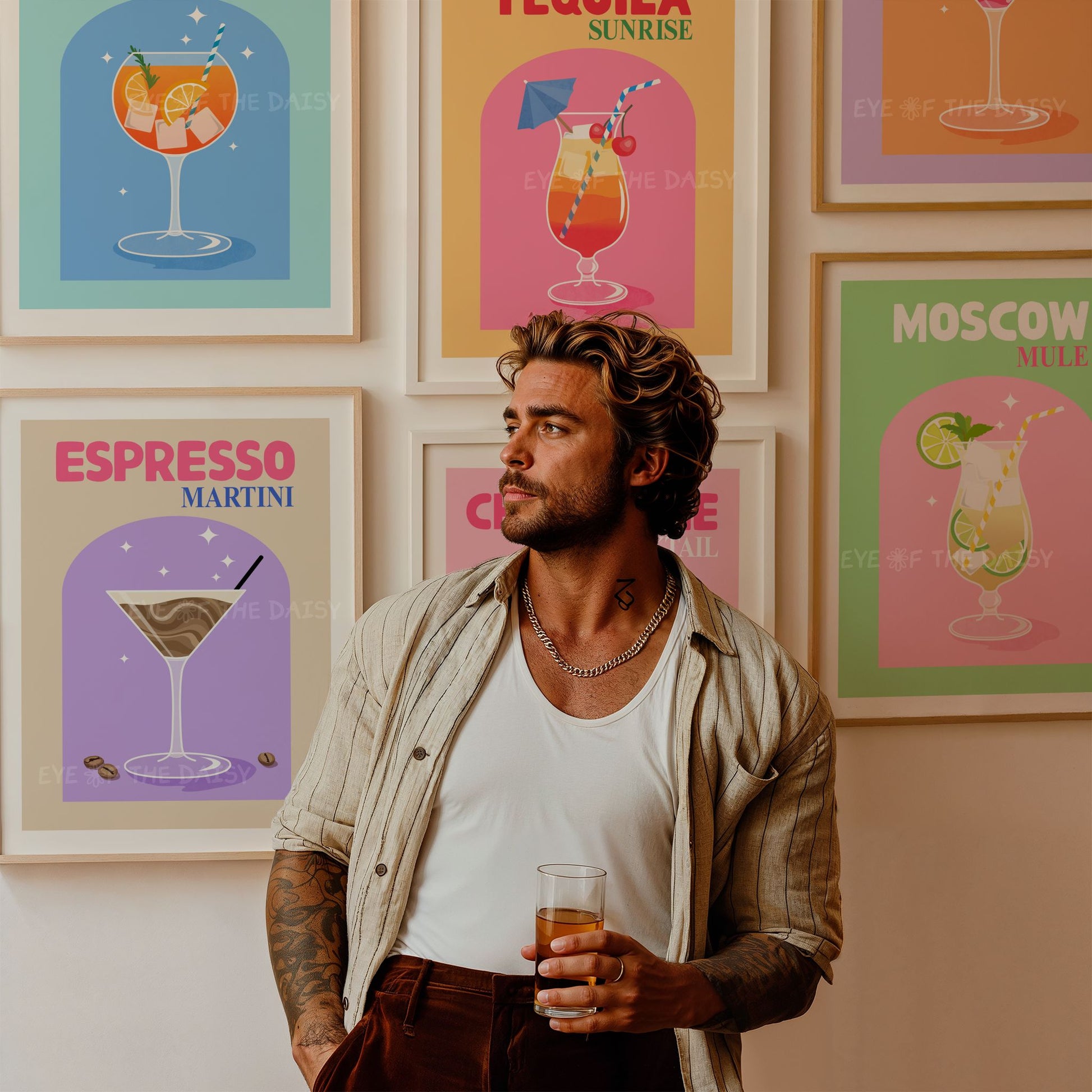 Set of 6 cocktail home bar cart prints in bright colours with text