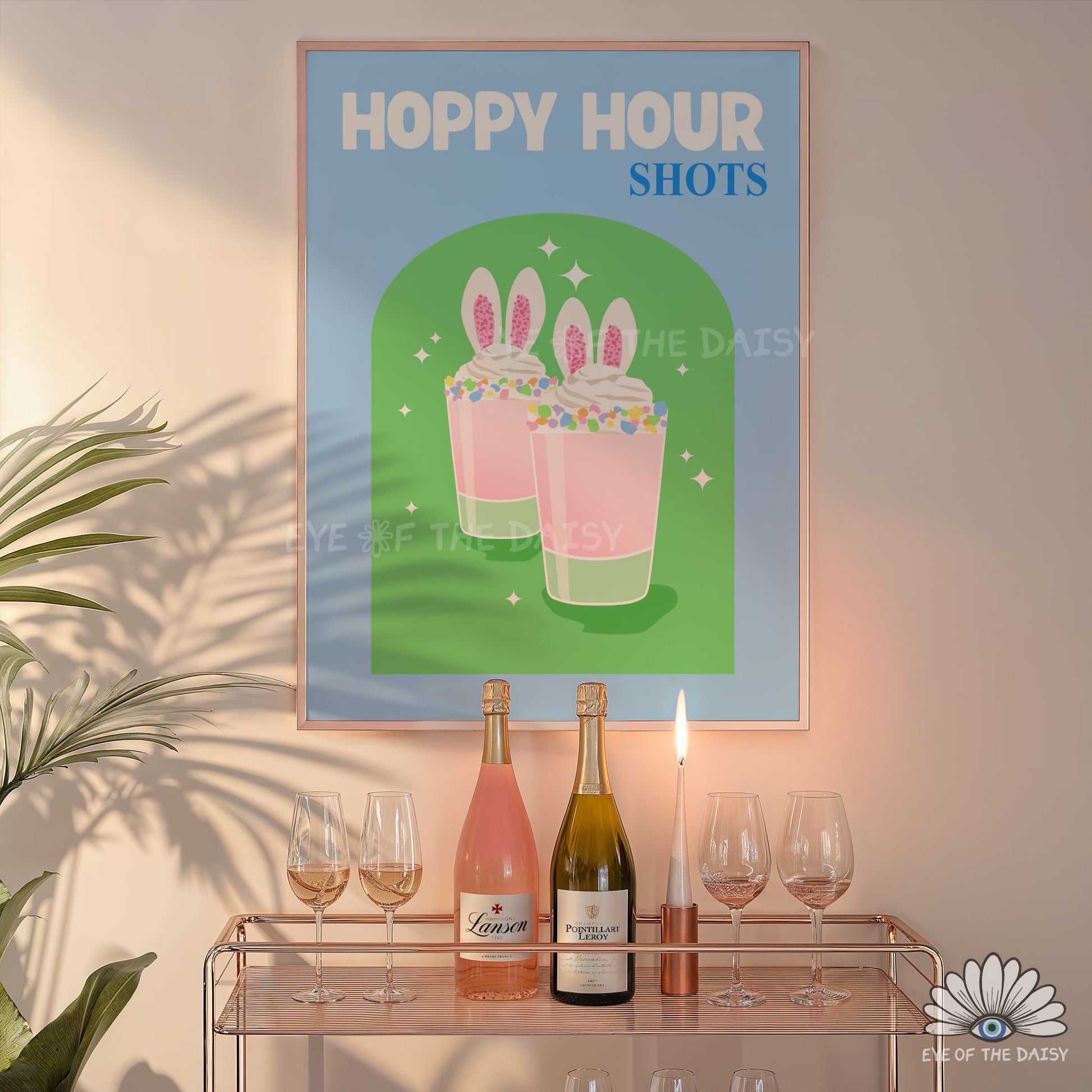 Retro Hoppy Hour Shots wall art printable, Easter party decor