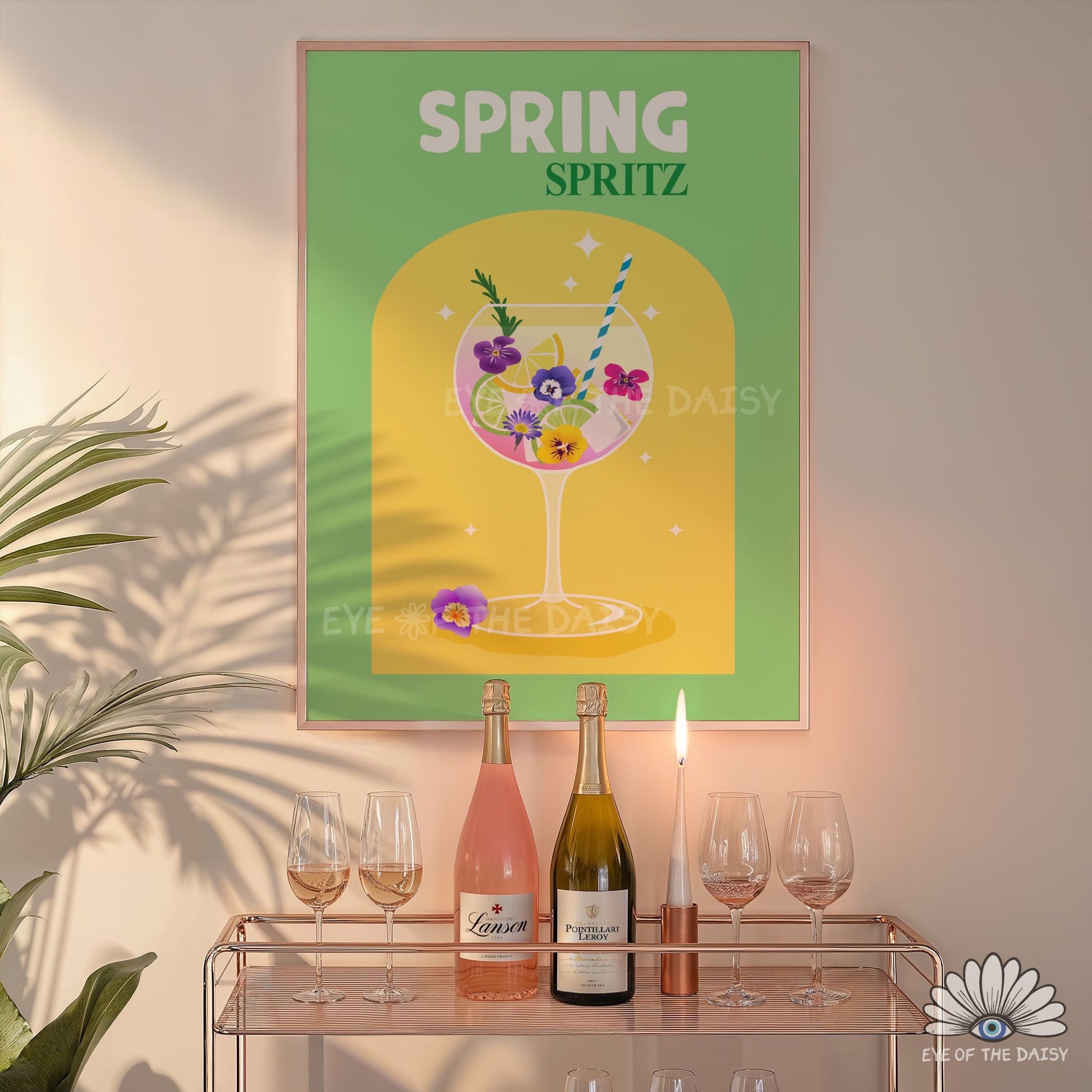Spring cocktail wall art, vibrant pastel bar cart decor printable for Spring or Easter celecbrations