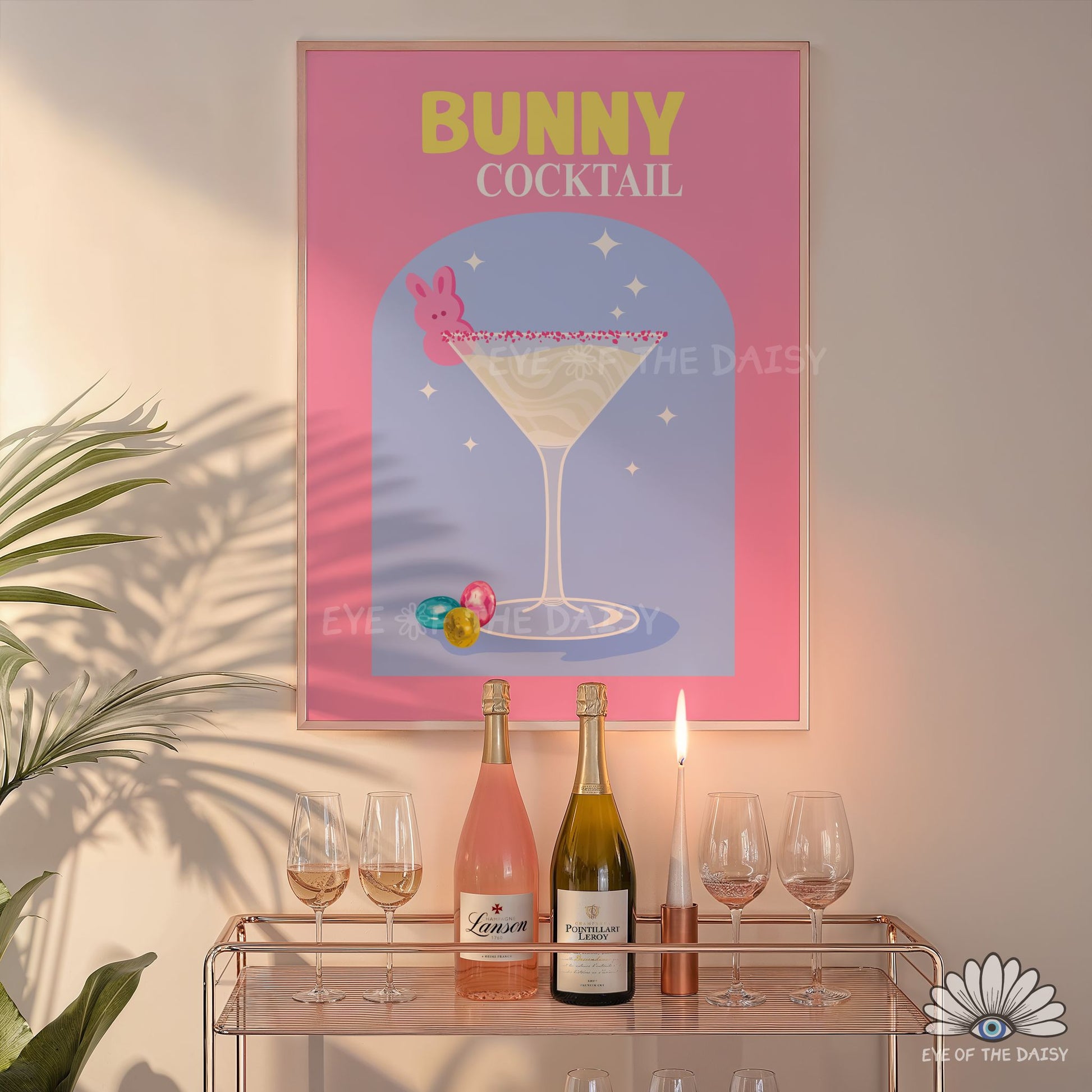 Pink blue whimsical Easter cocktail printable, Easter bar cart decor, spring wall art