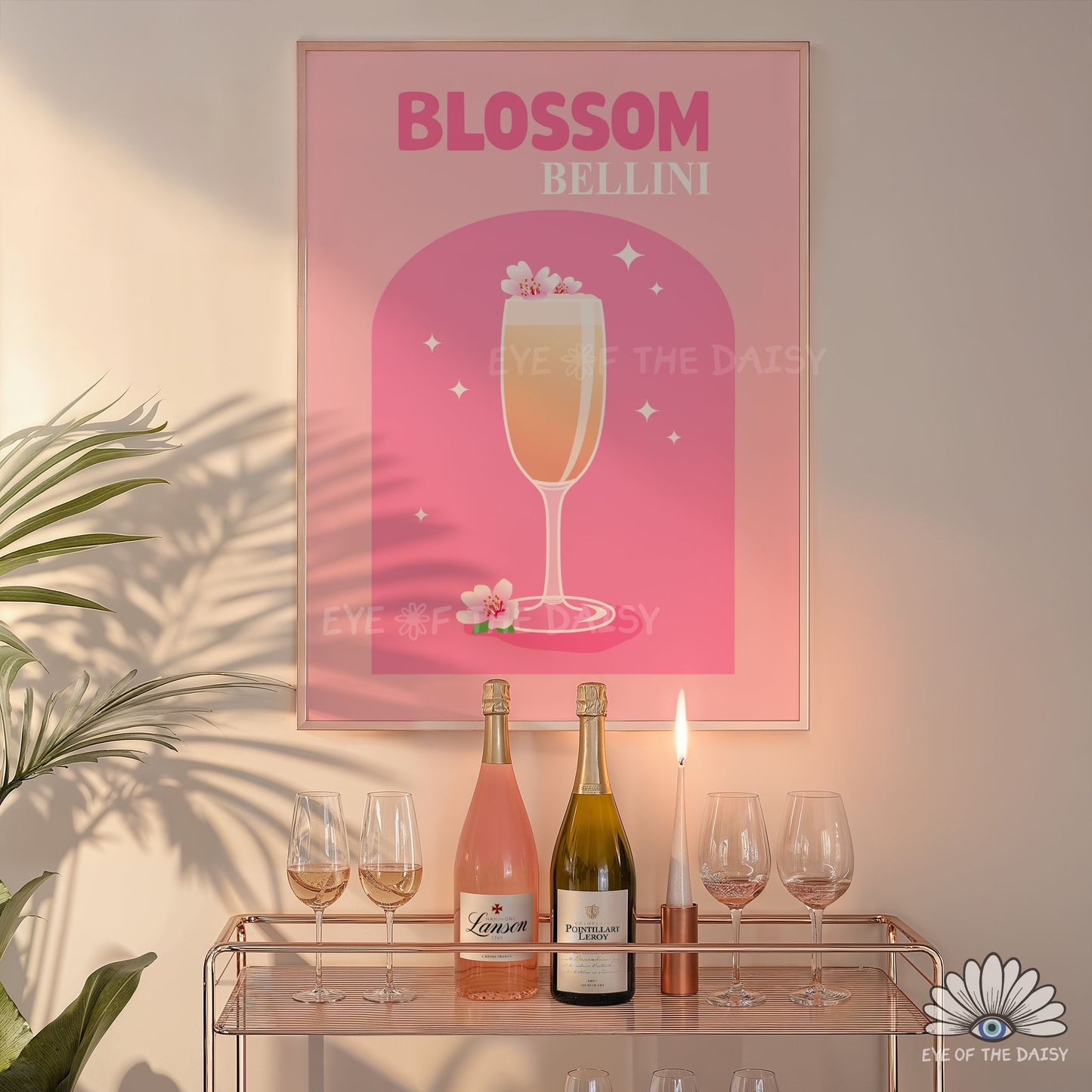 3-piece bar cart wall art printable set for Easter or Spring, colourful whimsical Easter cocktail prints